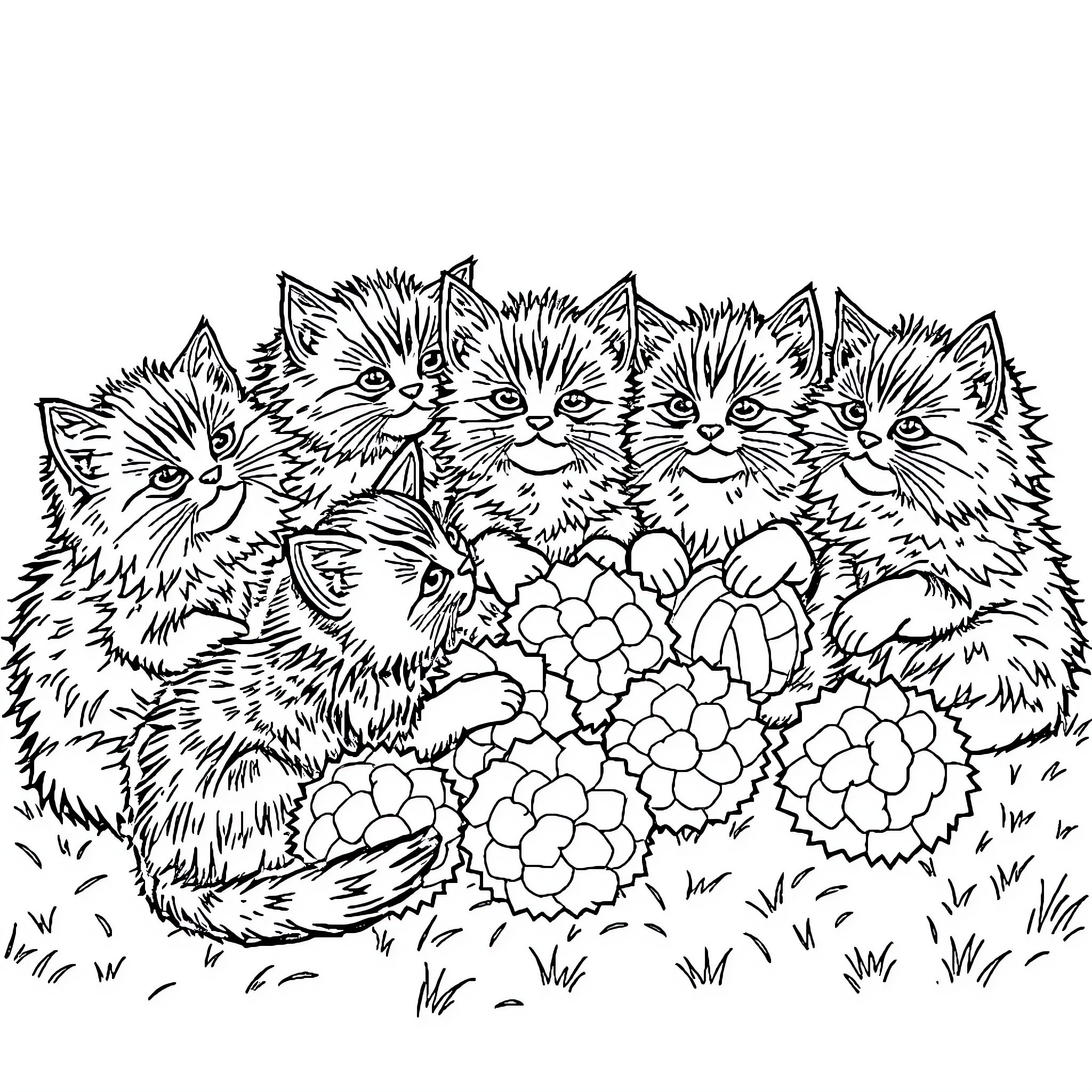 Cute Kittens Playing in Flowers Coloring Page (free black-and-white line drawing printable PDF for all, from beginners to advanced learners, including children, teens, adults, and seniors)