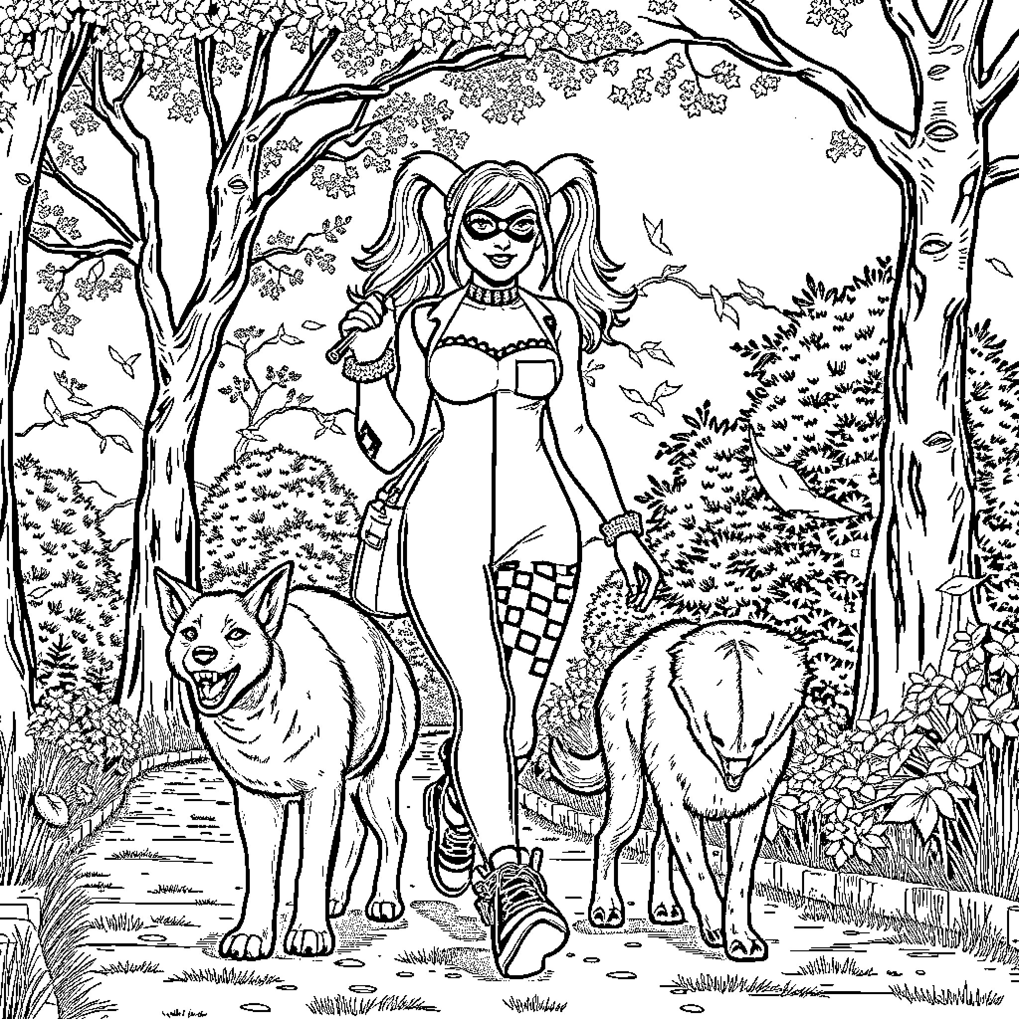 Harley Quinn exploring the whimsical forest with her animal companions Coloring Page (free black-and-white line drawing printable PDF for all, from beginners to advanced learners, including children, teens, adults, and seniors)