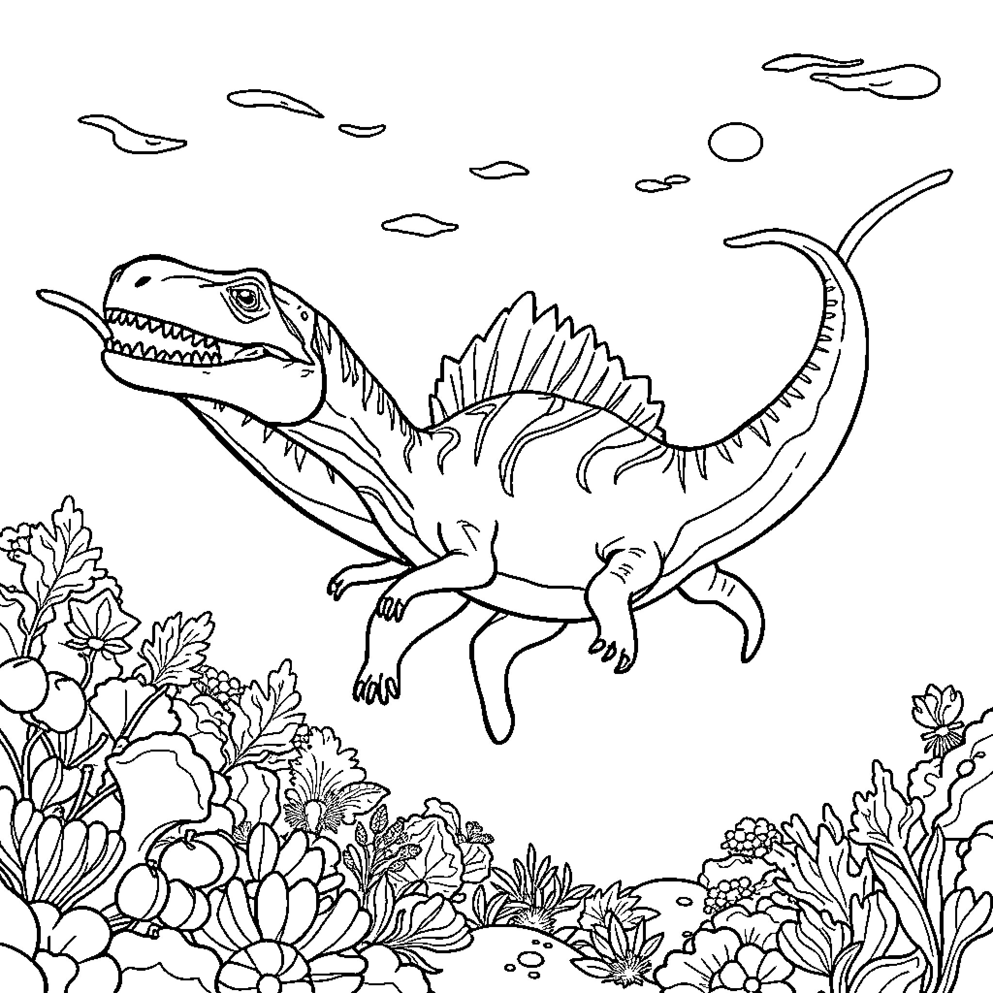 Marine Dinosaur hunting in underwater seascape Coloring Page (free black-and-white line drawing printable PDF for all, from beginners to advanced learners, including children, teens, adults, and seniors)