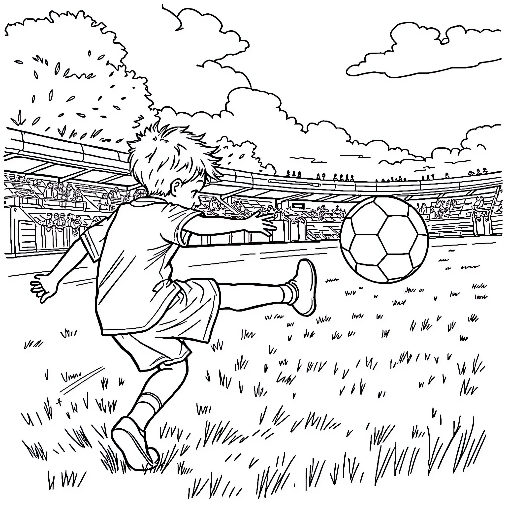 Kid kicking soccer ball in field with stadium Coloring Page (free black-and-white line drawing printable PDF for all, from beginners to advanced learners, including children, teens, adults, and seniors)