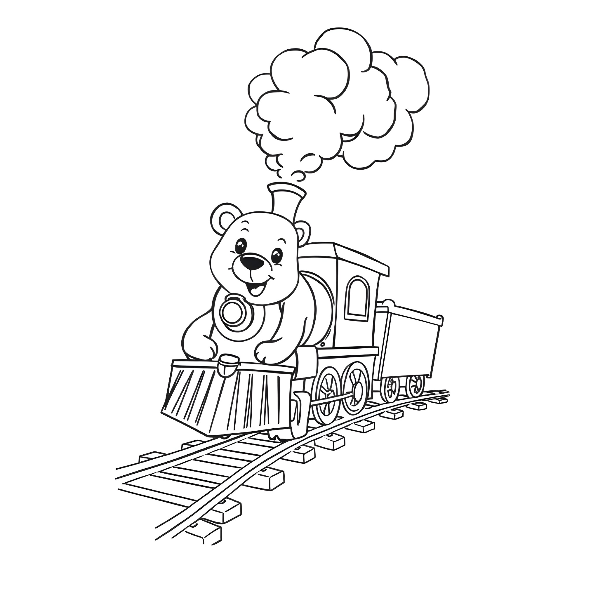 Bear riding a playful train Coloring Page (free black-and-white line drawing printable PDF for all, from beginners to advanced learners, including children, teens, adults, and seniors)