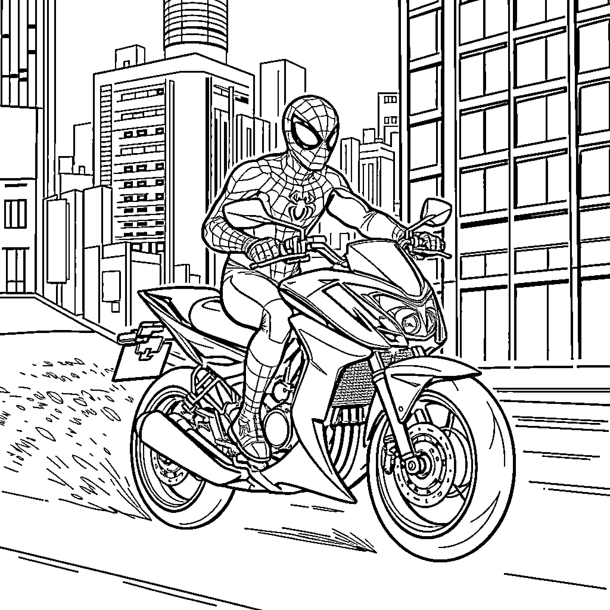 Spiderman speeding through the city on a motorcycle Coloring Page (free black-and-white line drawing printable PDF for all, from beginners to advanced learners, including children, teens, adults, and seniors)