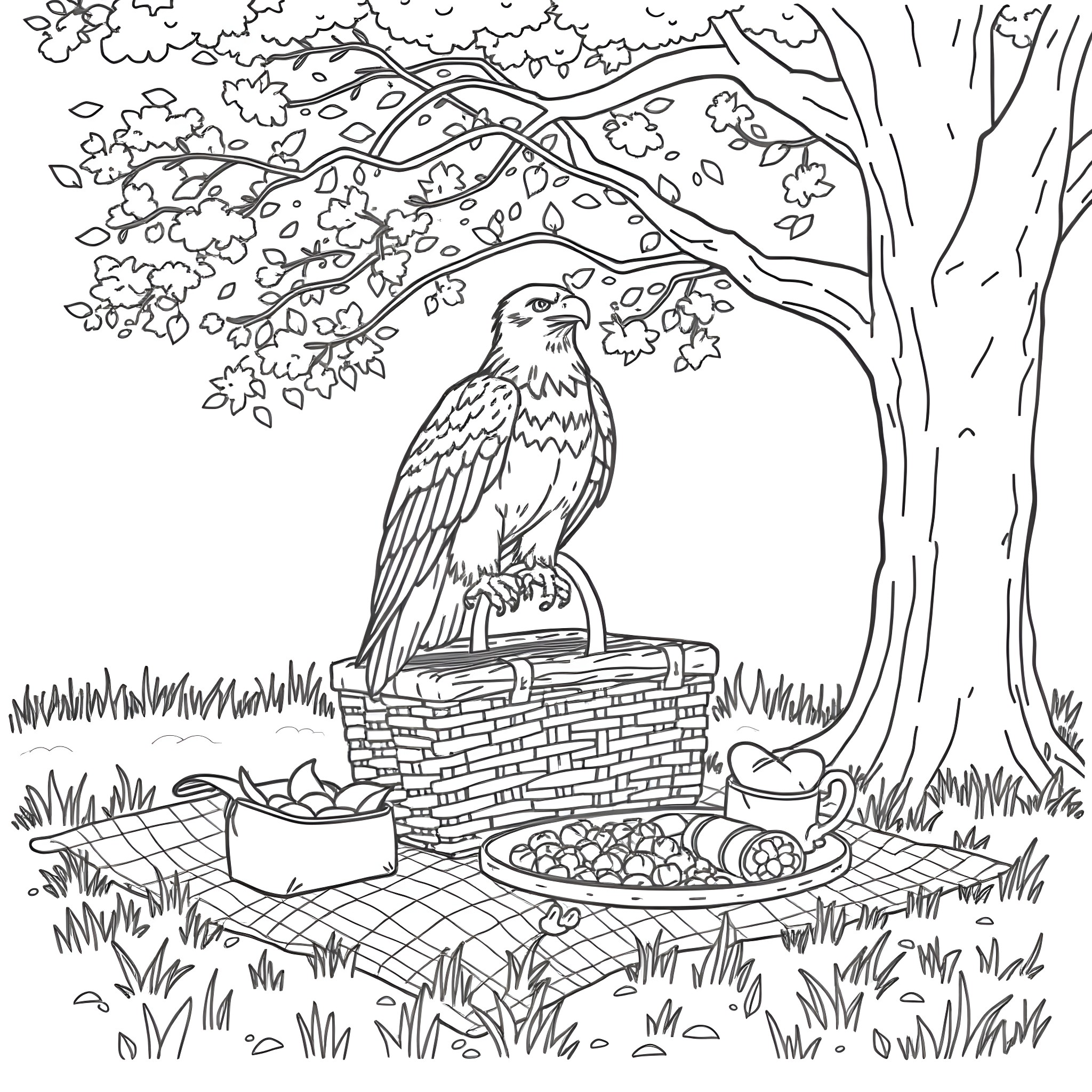 Eagle Enjoying Peaceful Picnic in Nature Coloring Page (free black-and-white line drawing printable PDF for all, from beginners to advanced learners, including children, teens, adults, and seniors)