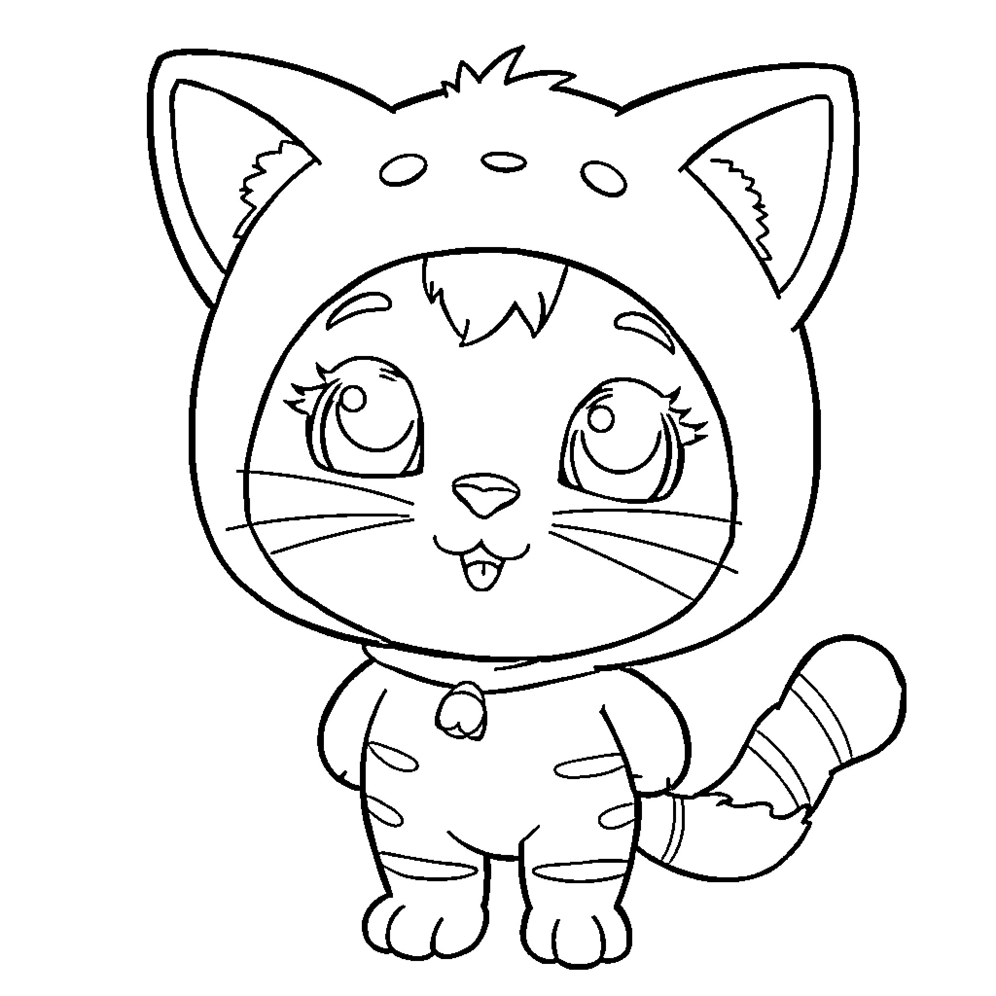 Pocoyo as an adorable kitten character Coloring Page (free black-and-white line drawing printable PDF for all, from beginners to advanced learners, including children, teens, adults, and seniors)