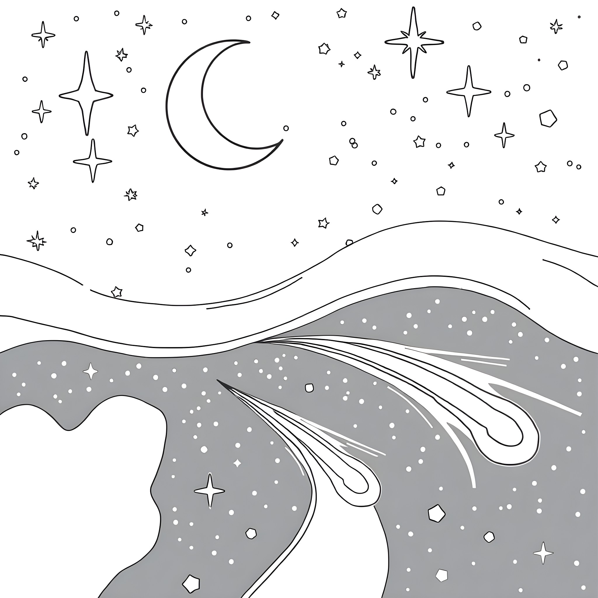 Moon and stars in the night sky Coloring Page (free black-and-white line drawing printable PDF for all, from beginners to advanced learners, including children, teens, adults, and seniors)