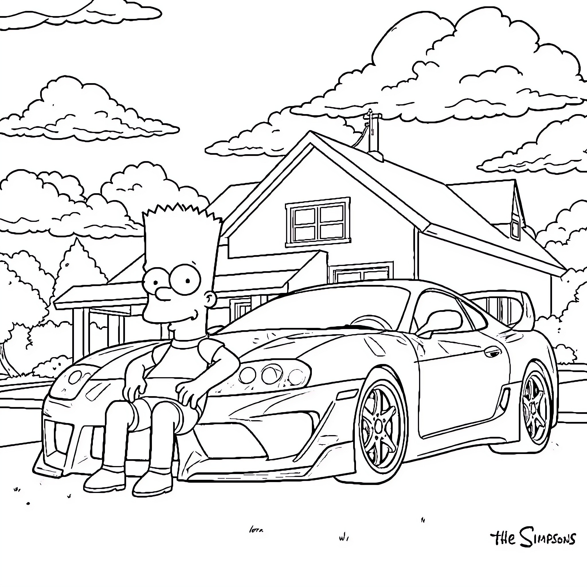 Bart Simpson's amazing sports car adventure Coloring Page (free black-and-white line drawing printable PDF for all, from beginners to advanced learners, including children, teens, adults, and seniors)