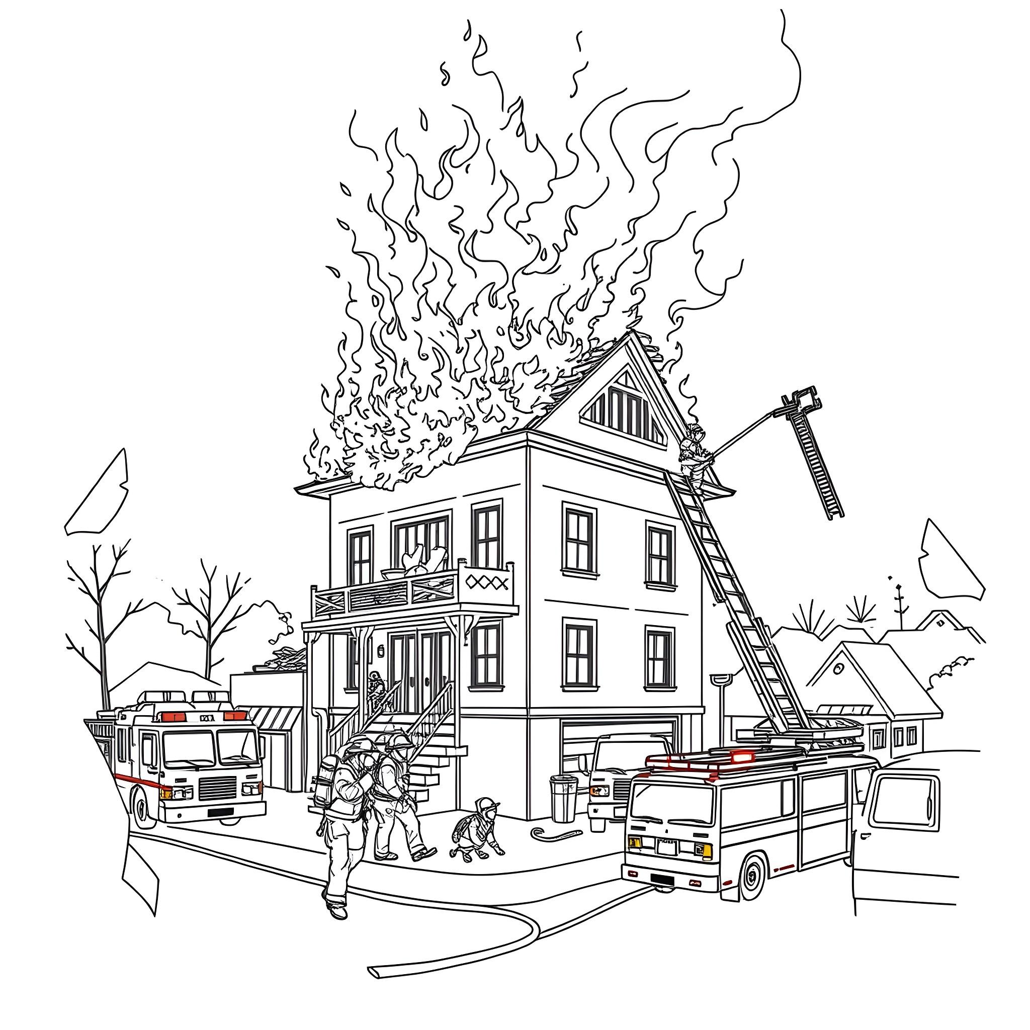 Firefighter responding to a house fire emergency Coloring Page (free black-and-white line drawing printable PDF for all, from beginners to advanced learners, including children, teens, adults, and seniors)