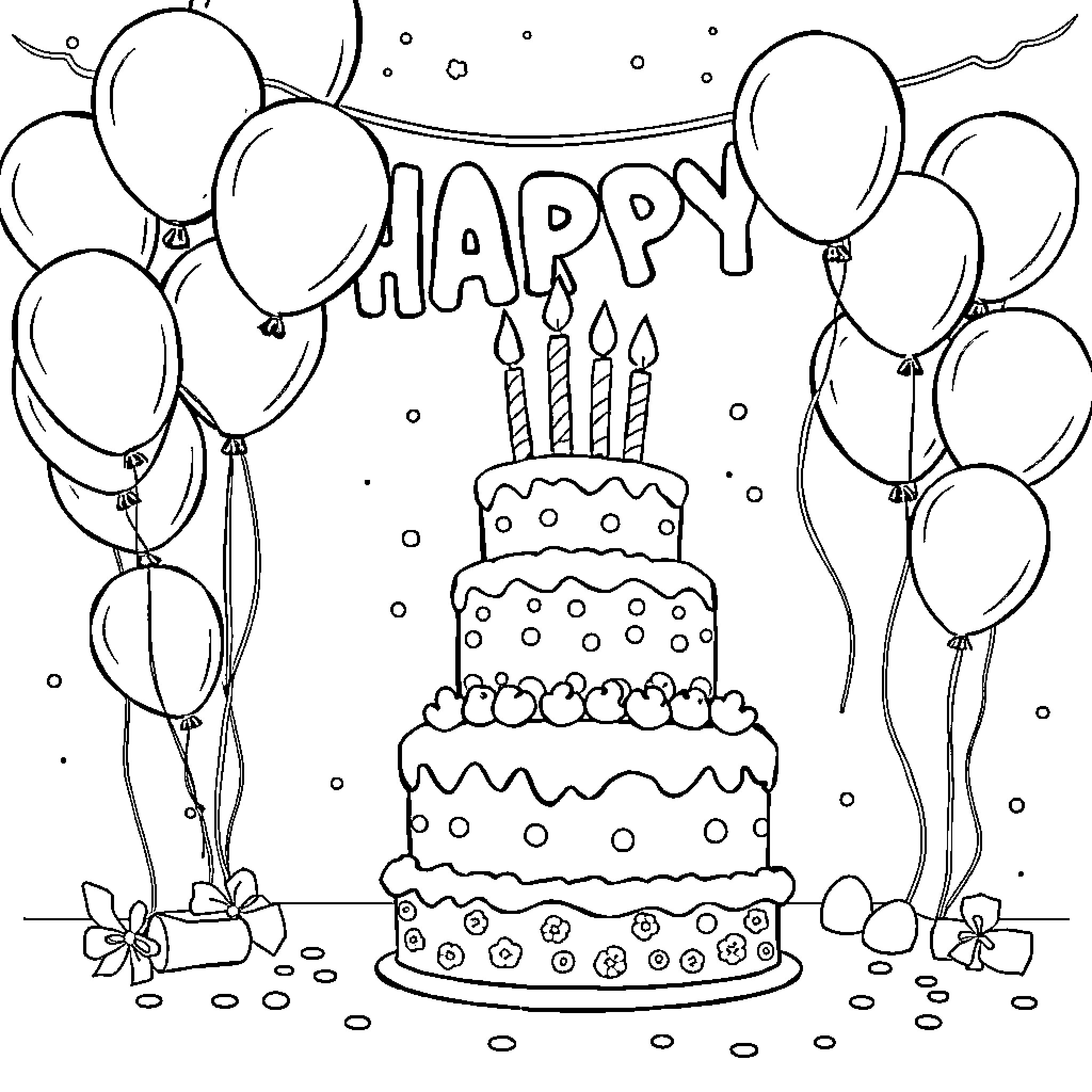 Surprise Birthday Celebration with Cake and Balloons Coloring Page (free black-and-white line drawing printable PDF for all, from beginners to advanced learners, including children, teens, adults, and seniors)