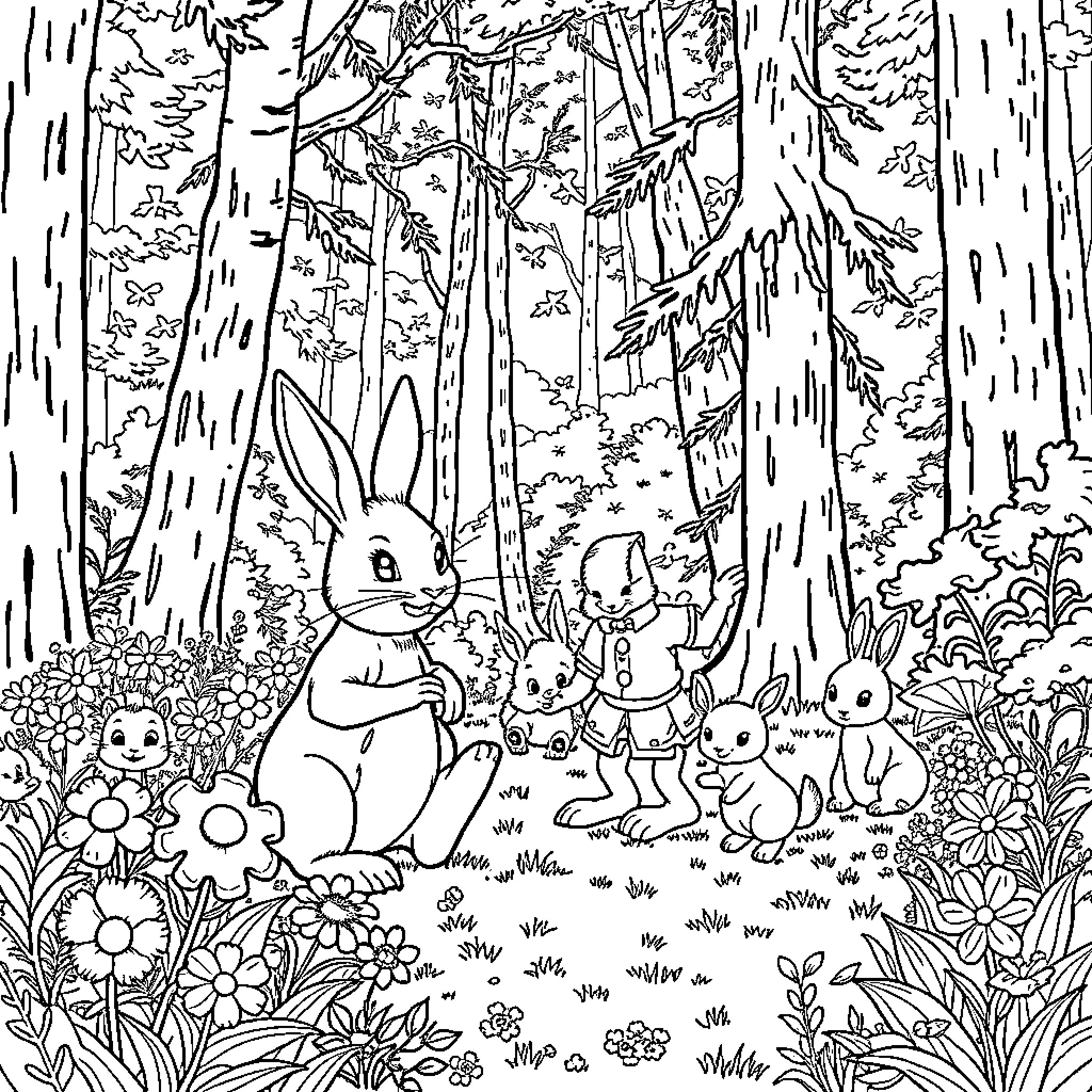 Rabbit family exploring the forest Coloring Page (free black-and-white line drawing printable PDF for all, from beginners to advanced learners, including children, teens, adults, and seniors)
