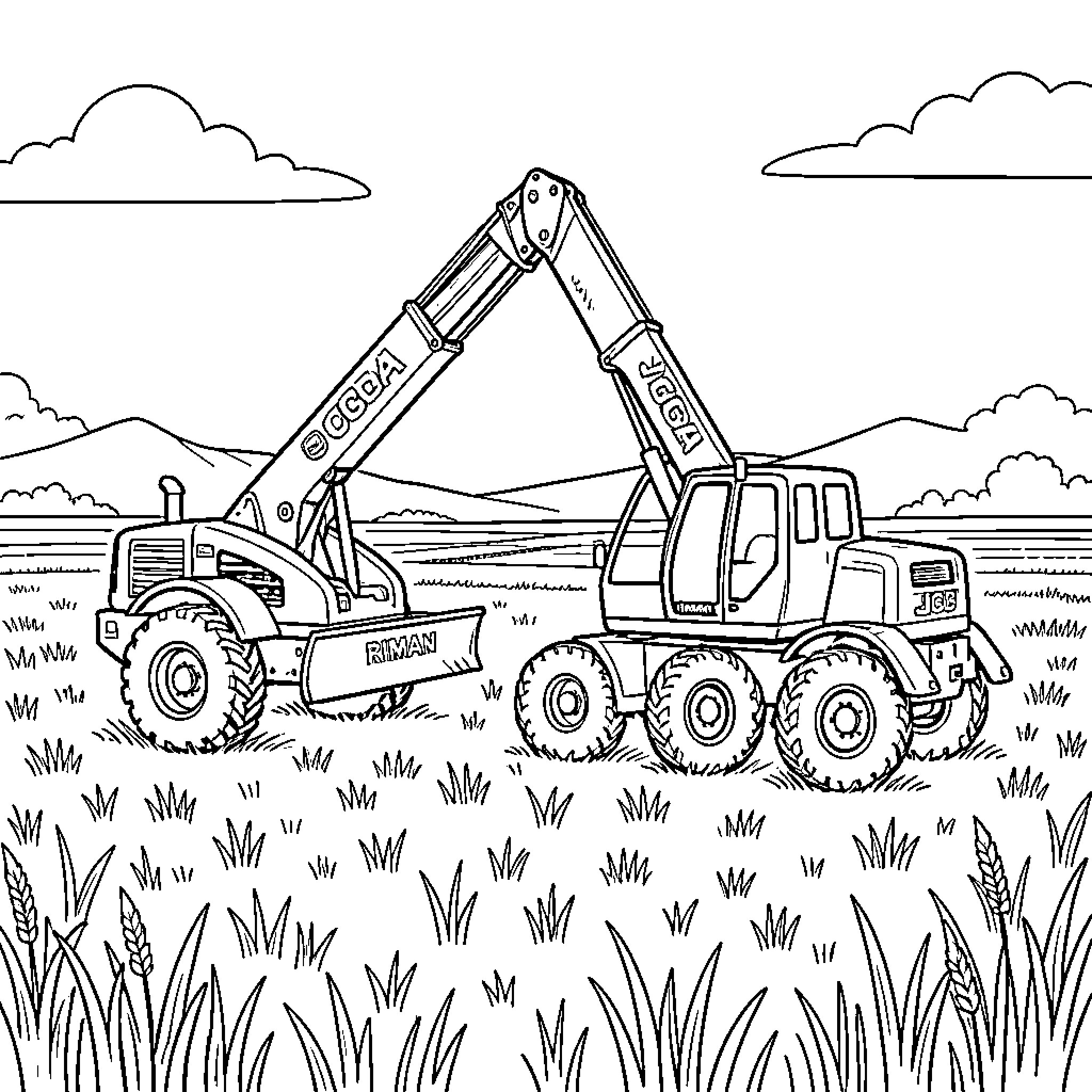 Bucket loader machines working in a field Coloring Page (free black-and-white line drawing printable PDF for all, from beginners to advanced learners, including children, teens, adults, and seniors)