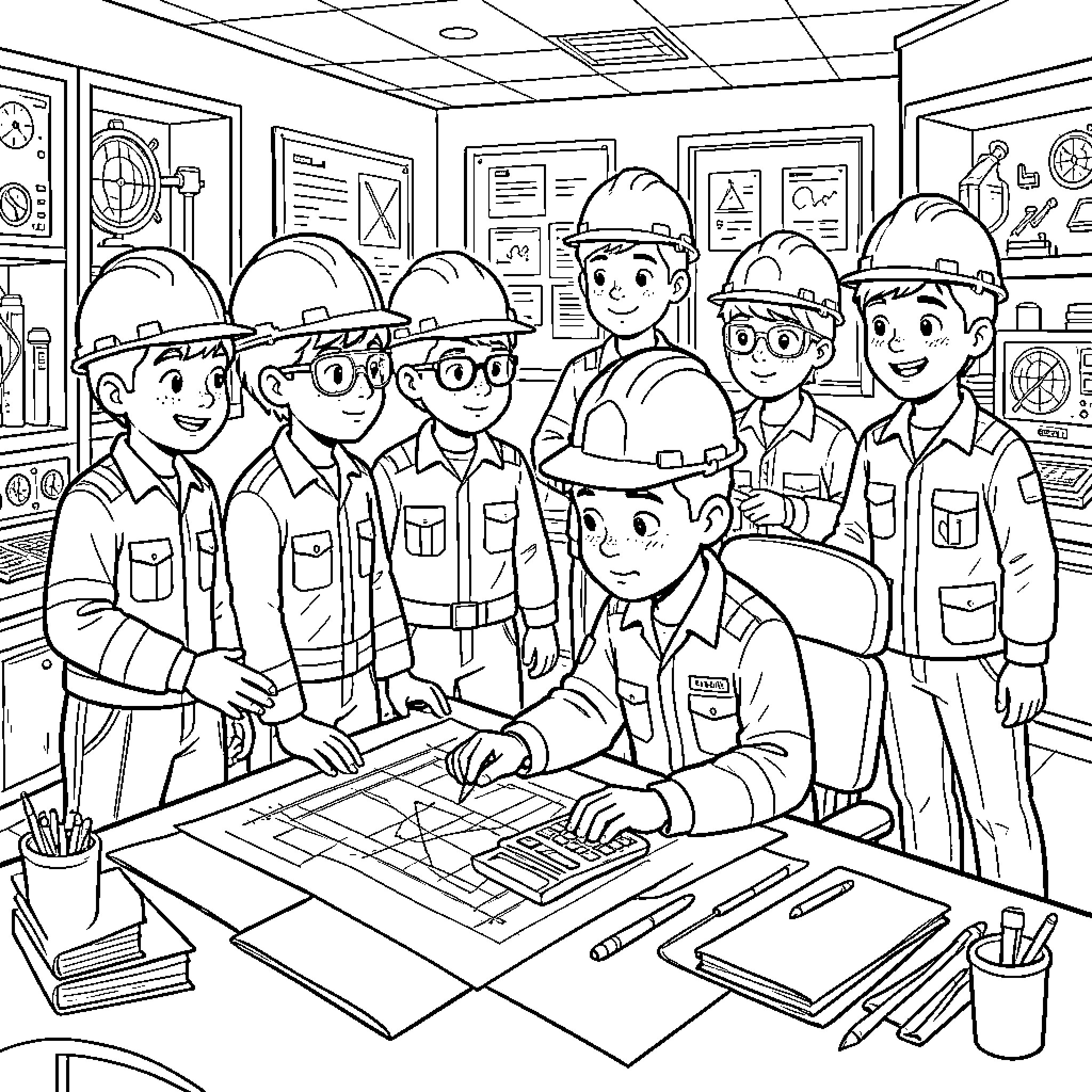 Nuclear Engineer team reviewing technical blueprints together Coloring Page (free black-and-white line drawing printable PDF for all, from beginners to advanced learners, including children, teens, adults, and seniors)