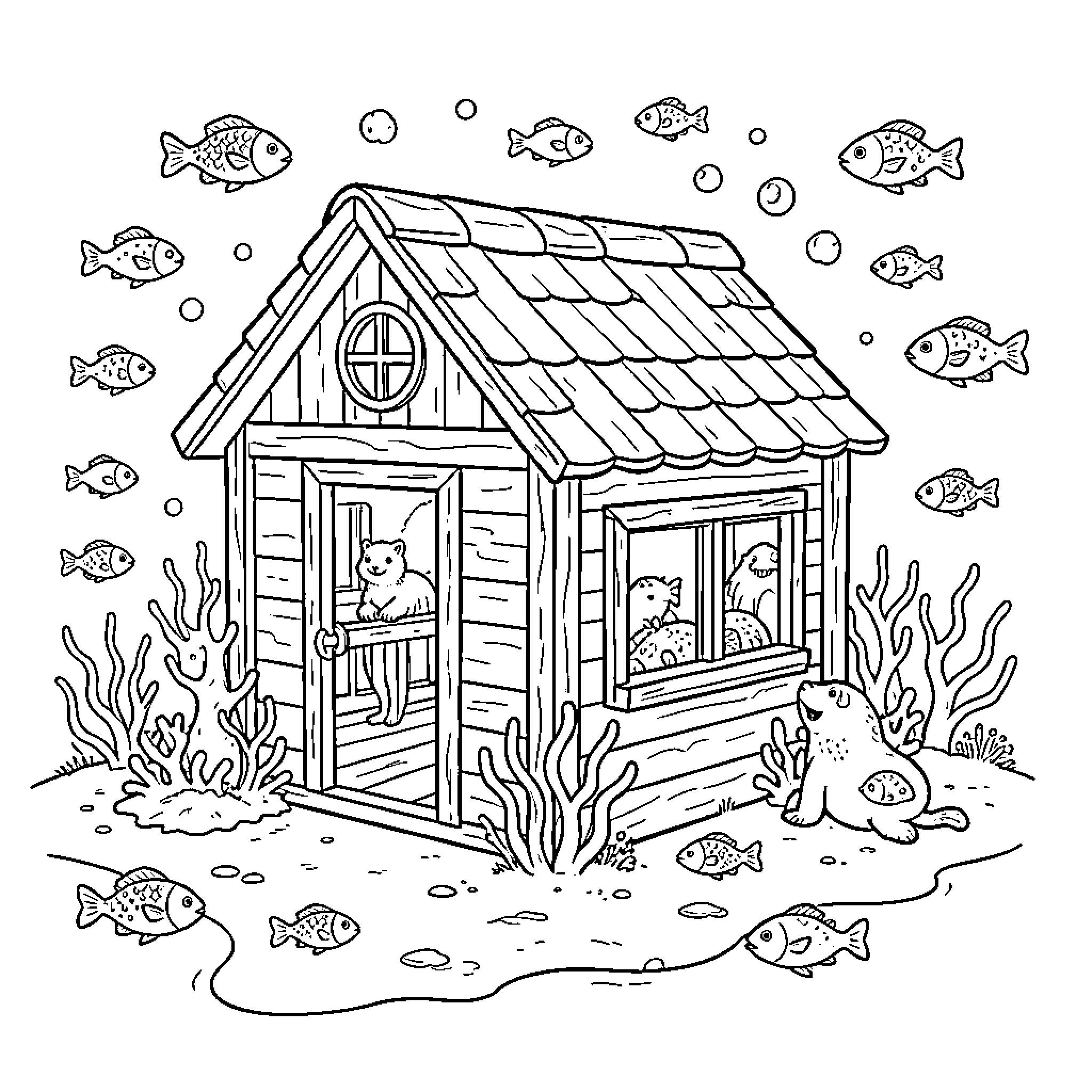 Ocean Animal inhabitants living happily in an underwater house Coloring Page (free black-and-white line drawing printable PDF for all, from beginners to advanced learners, including children, teens, adults, and seniors)