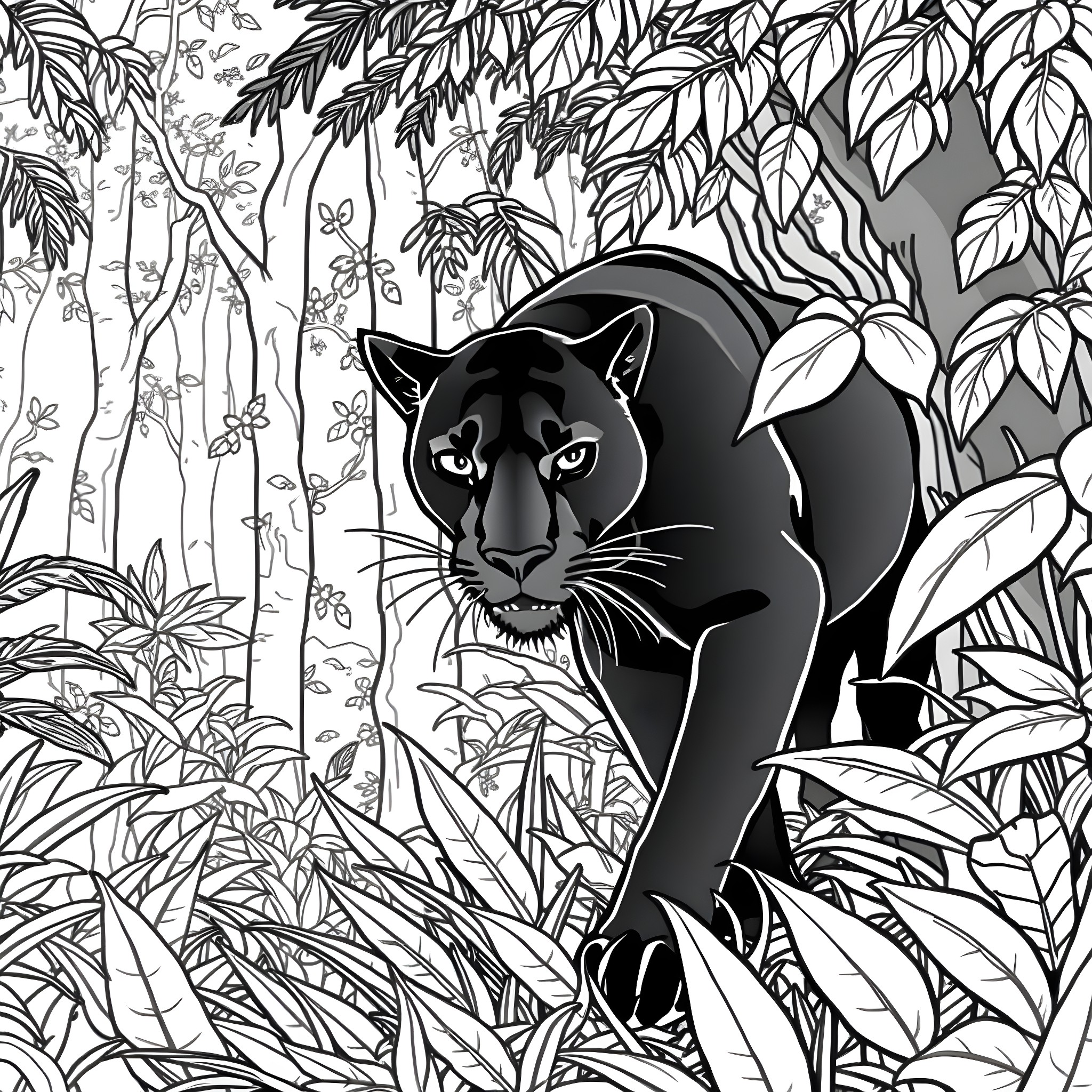 Panther Prowling Through the Lush Jungle Coloring Page (free black-and-white line drawing printable PDF for all, from beginners to advanced learners, including children, teens, adults, and seniors)