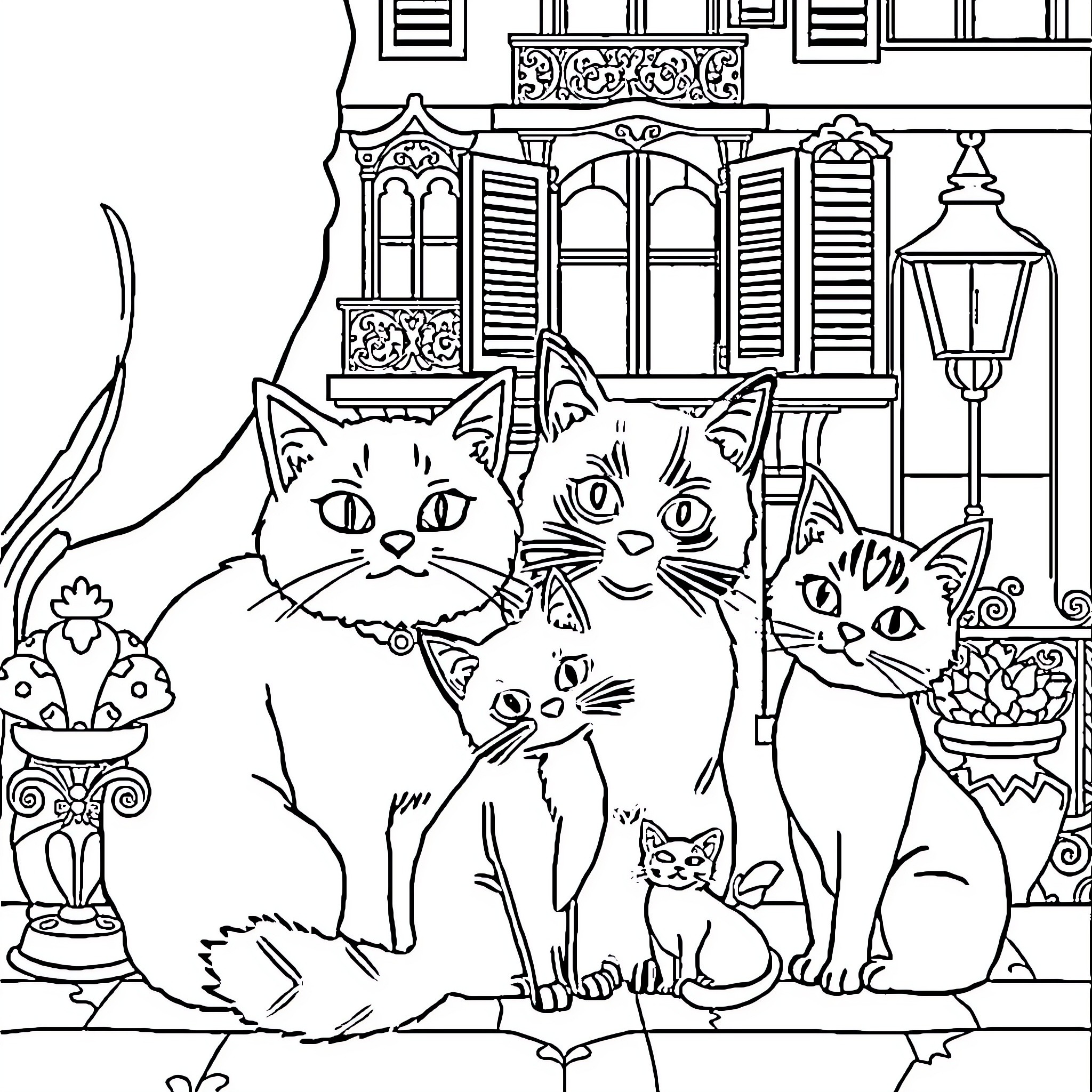 Aristocats enjoying a cozy day at home Coloring Page (free black-and-white line drawing printable PDF for all, from beginners to advanced learners, including children, teens, adults, and seniors)
