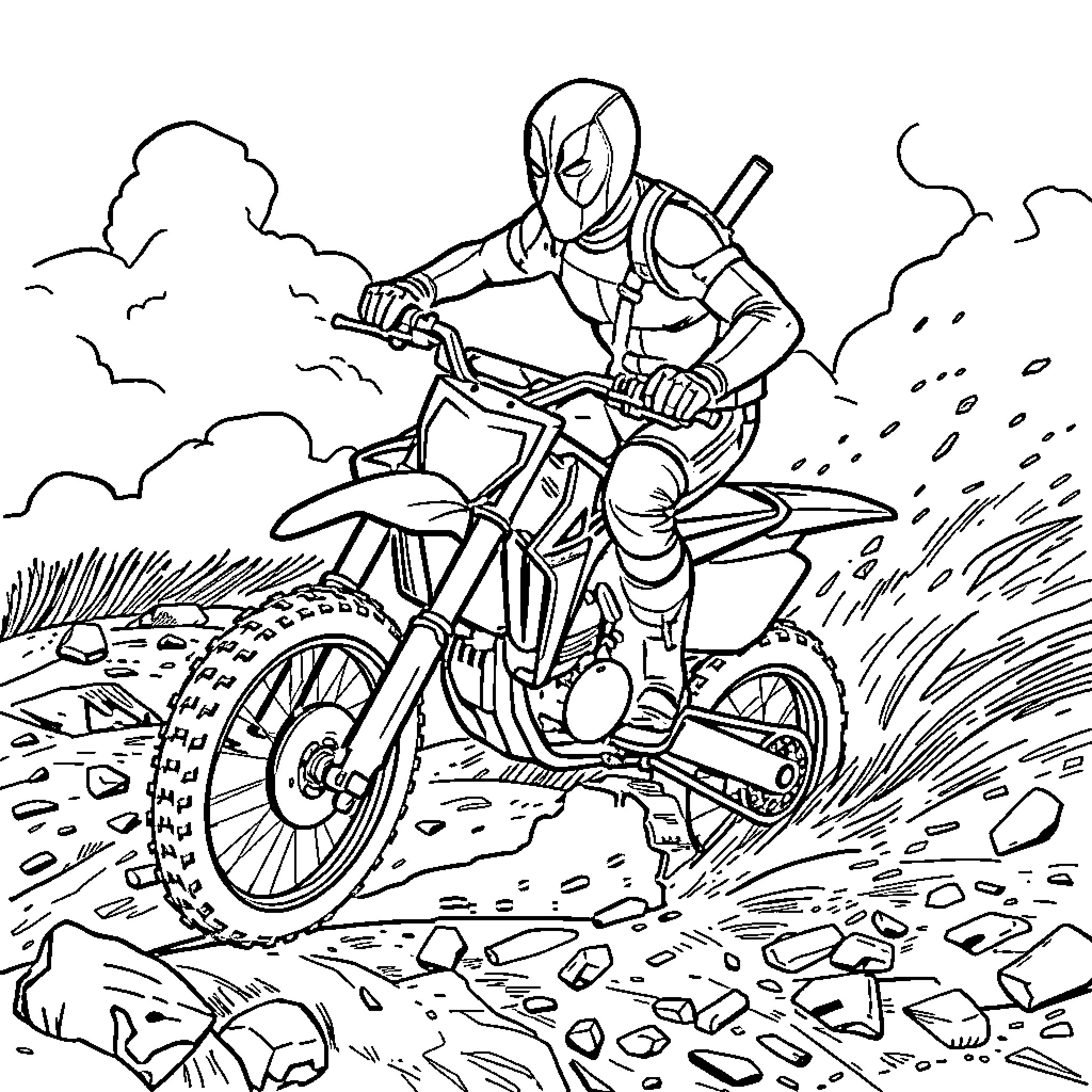 Deadpool riding a dirt bike on a rocky trail Coloring Page (free black-and-white line drawing printable PDF for all, from beginners to advanced learners, including children, teens, adults, and seniors)
