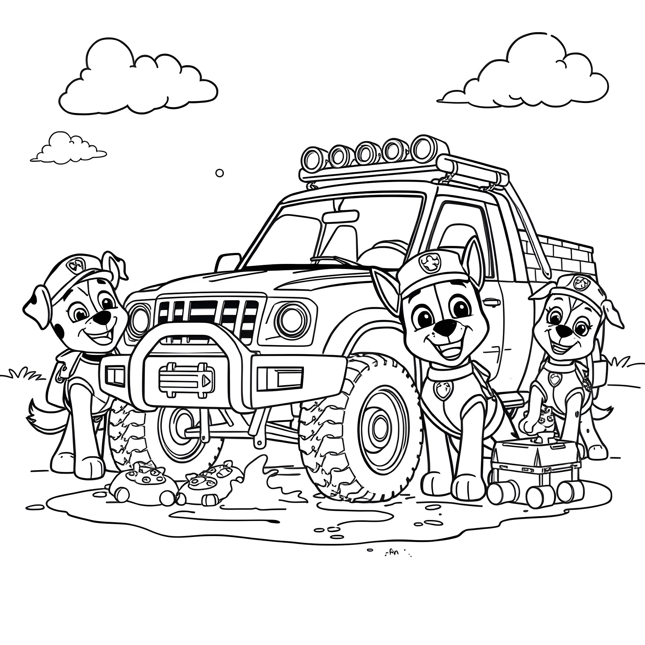 Paw Patrol characters in action adventure vehicle Coloring Page (free black-and-white line drawing printable PDF for all, from beginners to advanced learners, including children, teens, adults, and seniors)