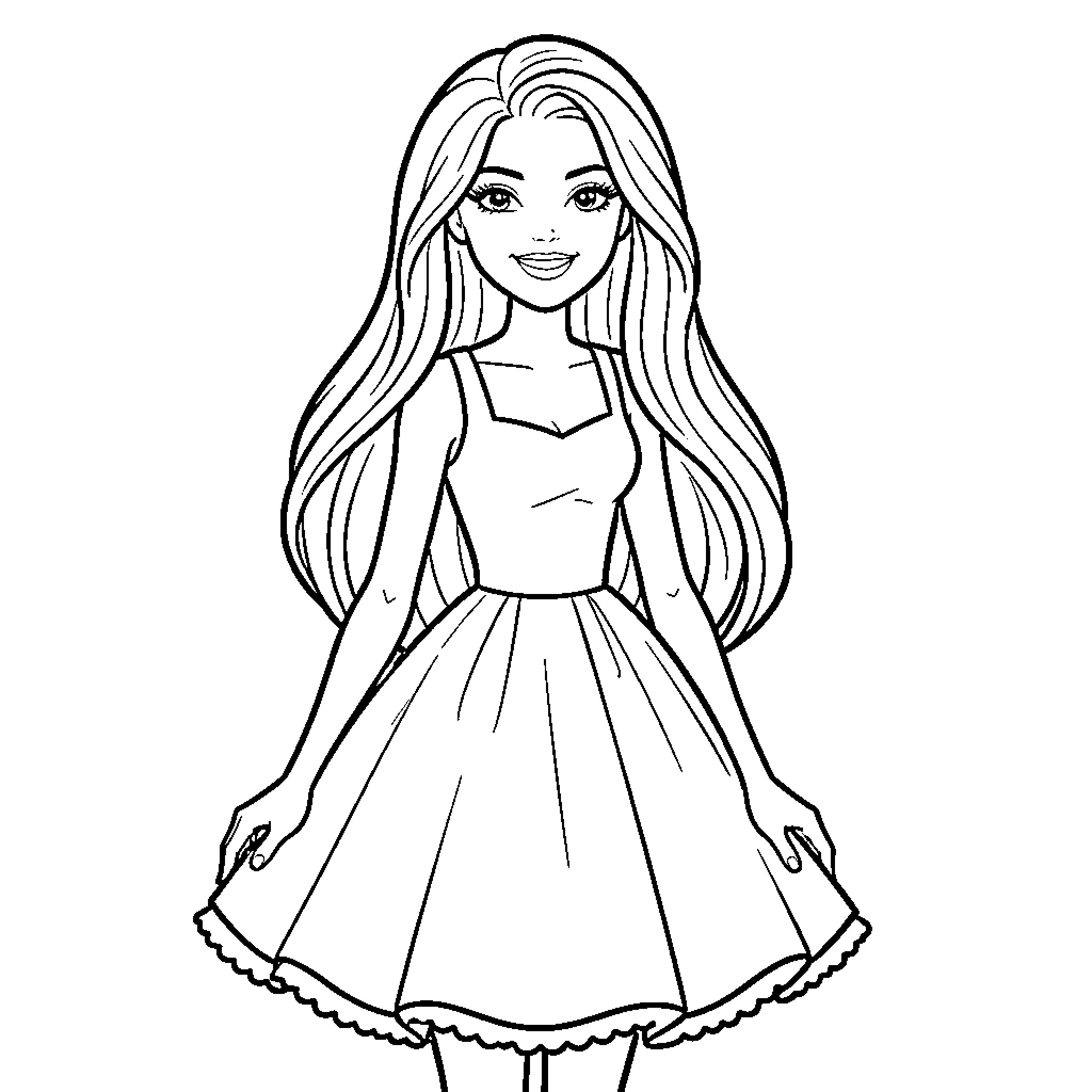 Barbie in a Lovely Dress Coloring Page (free black-and-white line drawing printable PDF for all, from beginners to advanced learners, including children, teens, adults, and seniors)
