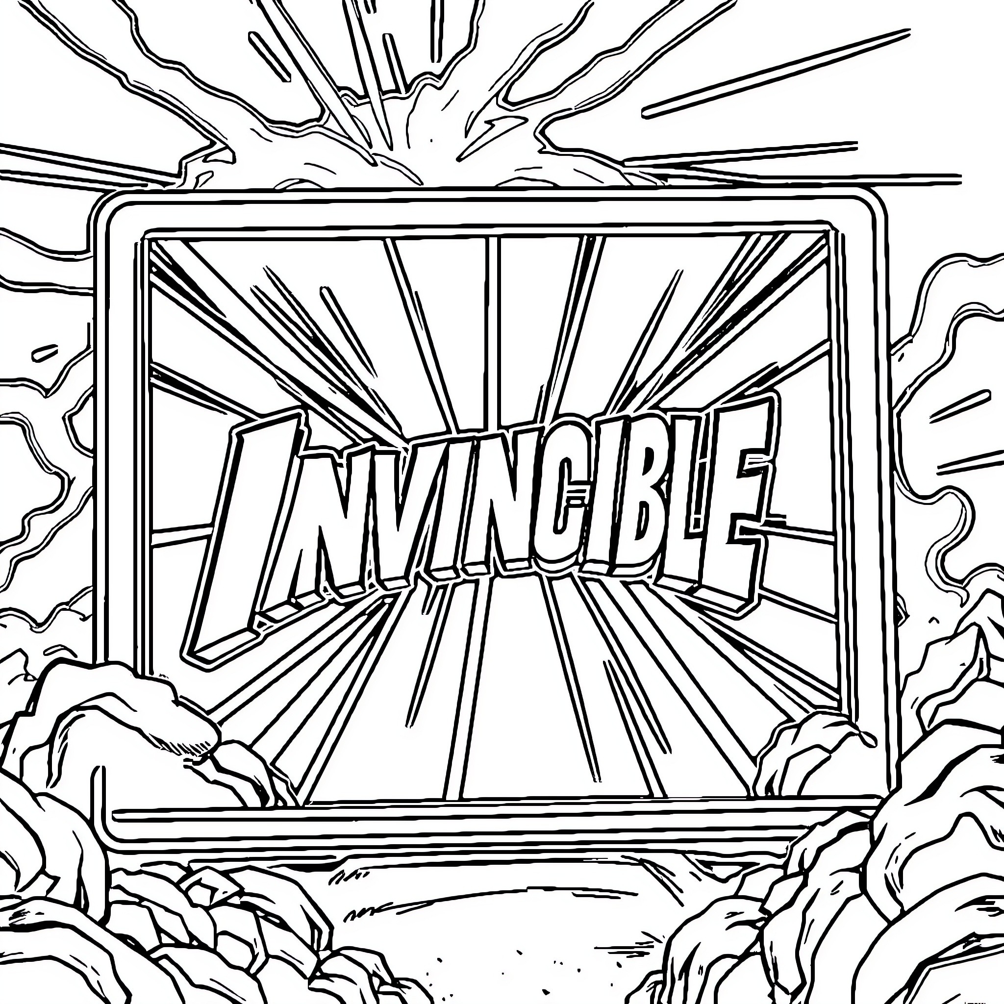 Title Card for Invincible Comic Book Scene Coloring Page (free black-and-white line drawing printable PDF for all, from beginners to advanced learners, including children, teens, adults, and seniors)