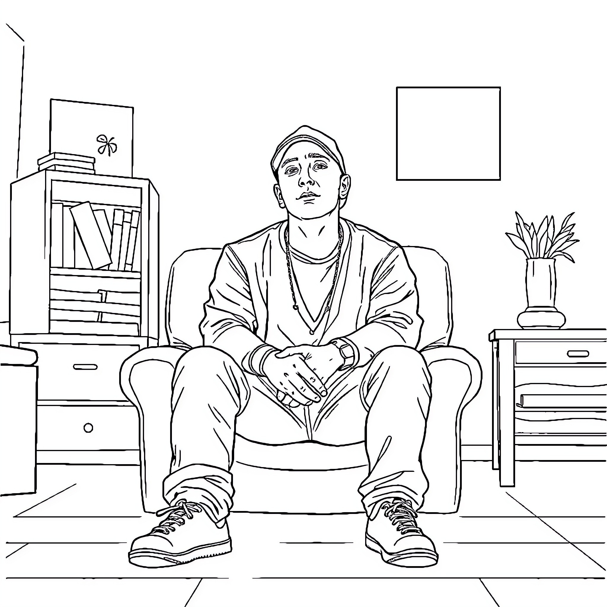 Eminem sitting thoughtfully in a home setting Coloring Page (free black-and-white line drawing printable PDF for all, from beginners to advanced learners, including children, teens, adults, and seniors)