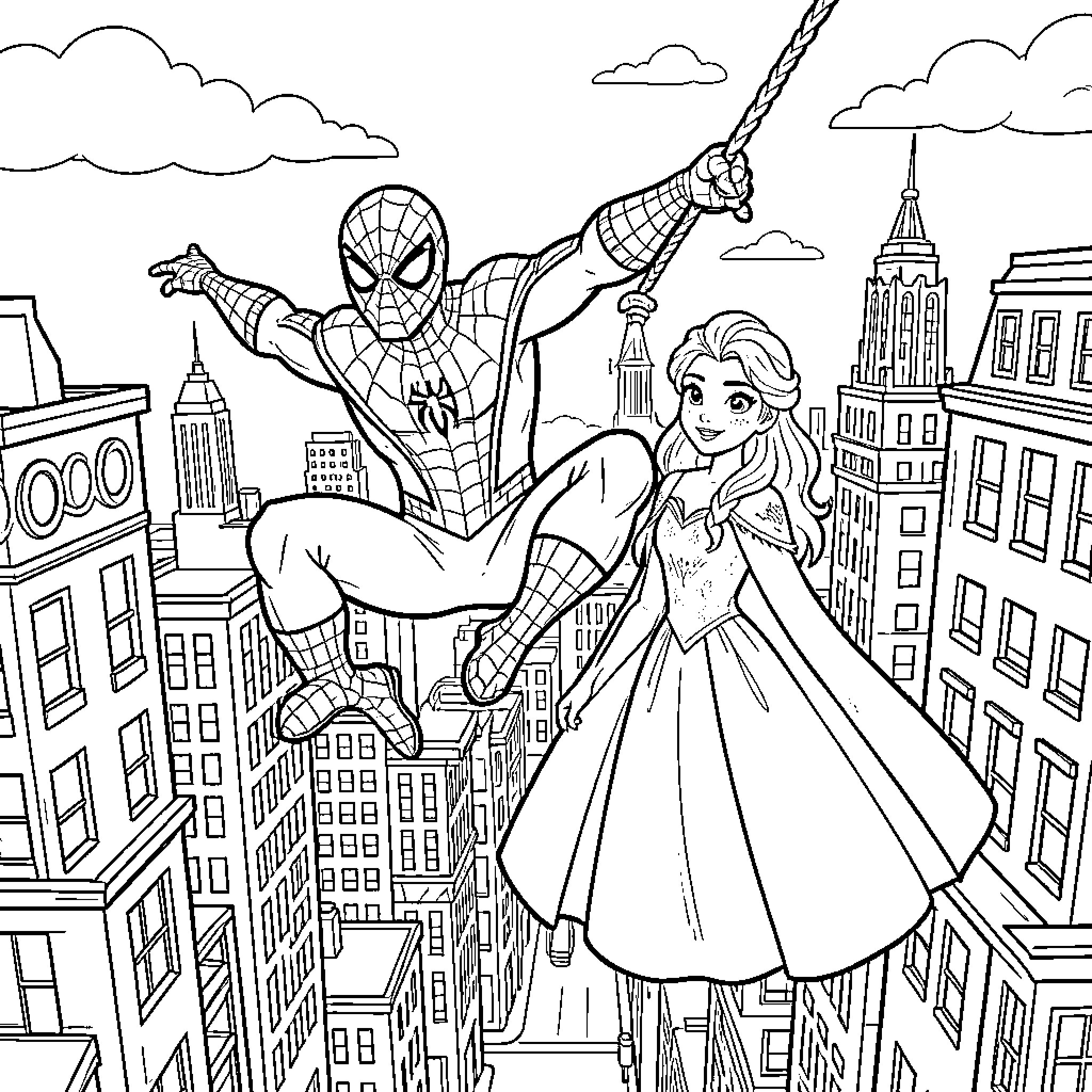 Spiderman swinging over the city with a princess Coloring Page (free black-and-white line drawing printable PDF for all, from beginners to advanced learners, including children, teens, adults, and seniors)