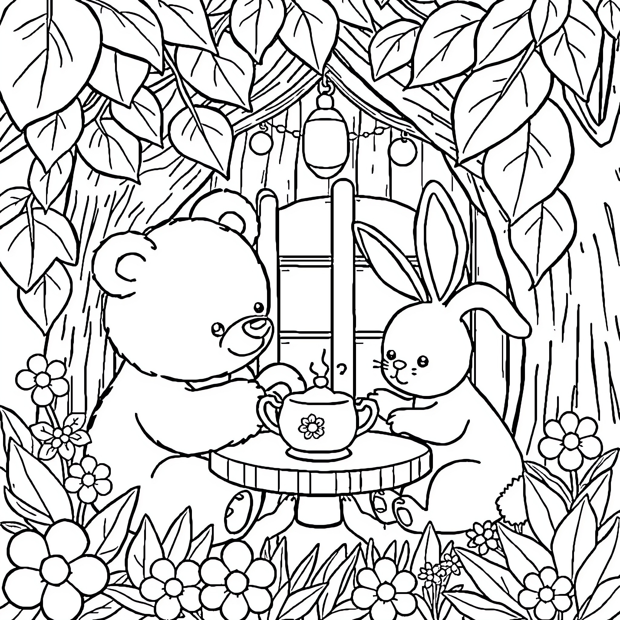 Bear Enjoying Tea Party with Bunny Friend in Nature Coloring Page (free black-and-white line drawing printable PDF for all, from beginners to advanced learners, including children, teens, adults, and seniors)