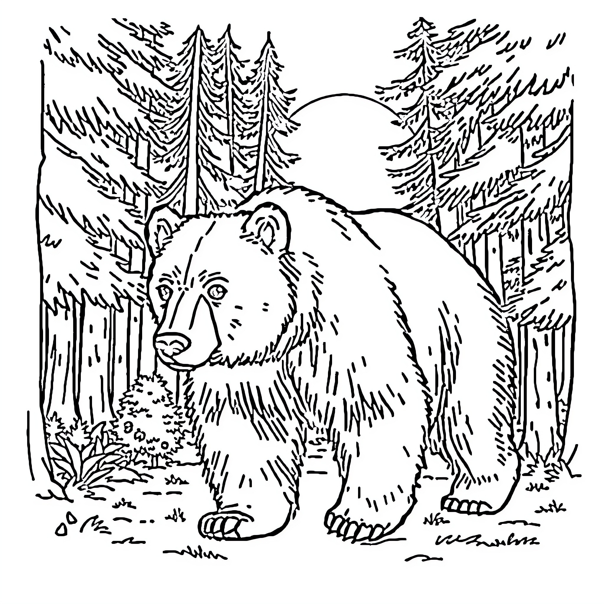 Bear in the Peaceful Forest Landscape Coloring Page (free black-and-white line drawing printable PDF for all, from beginners to advanced learners, including children, teens, adults, and seniors)