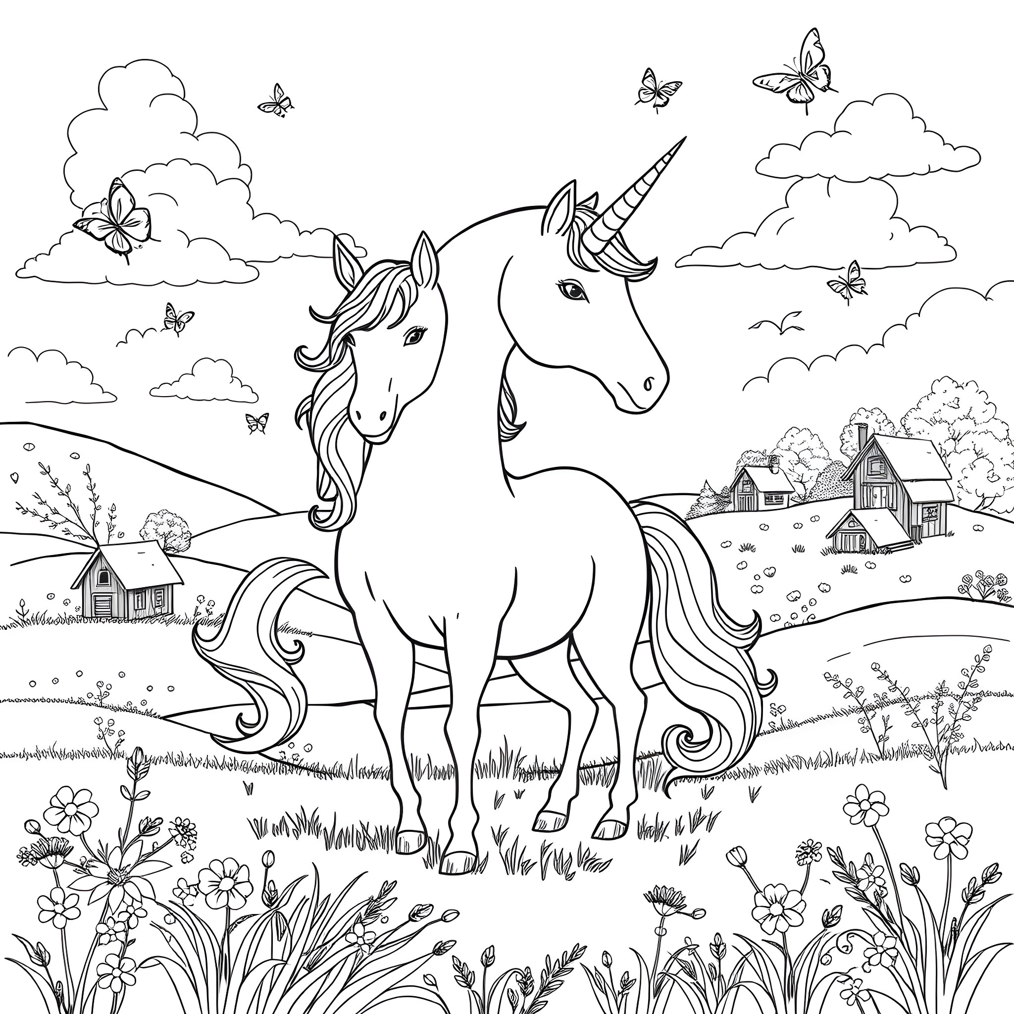 Unicorn grazing peacefully in a serene countryside Coloring Page (free black-and-white line drawing printable PDF for all, from beginners to advanced learners, including children, teens, adults, and seniors)