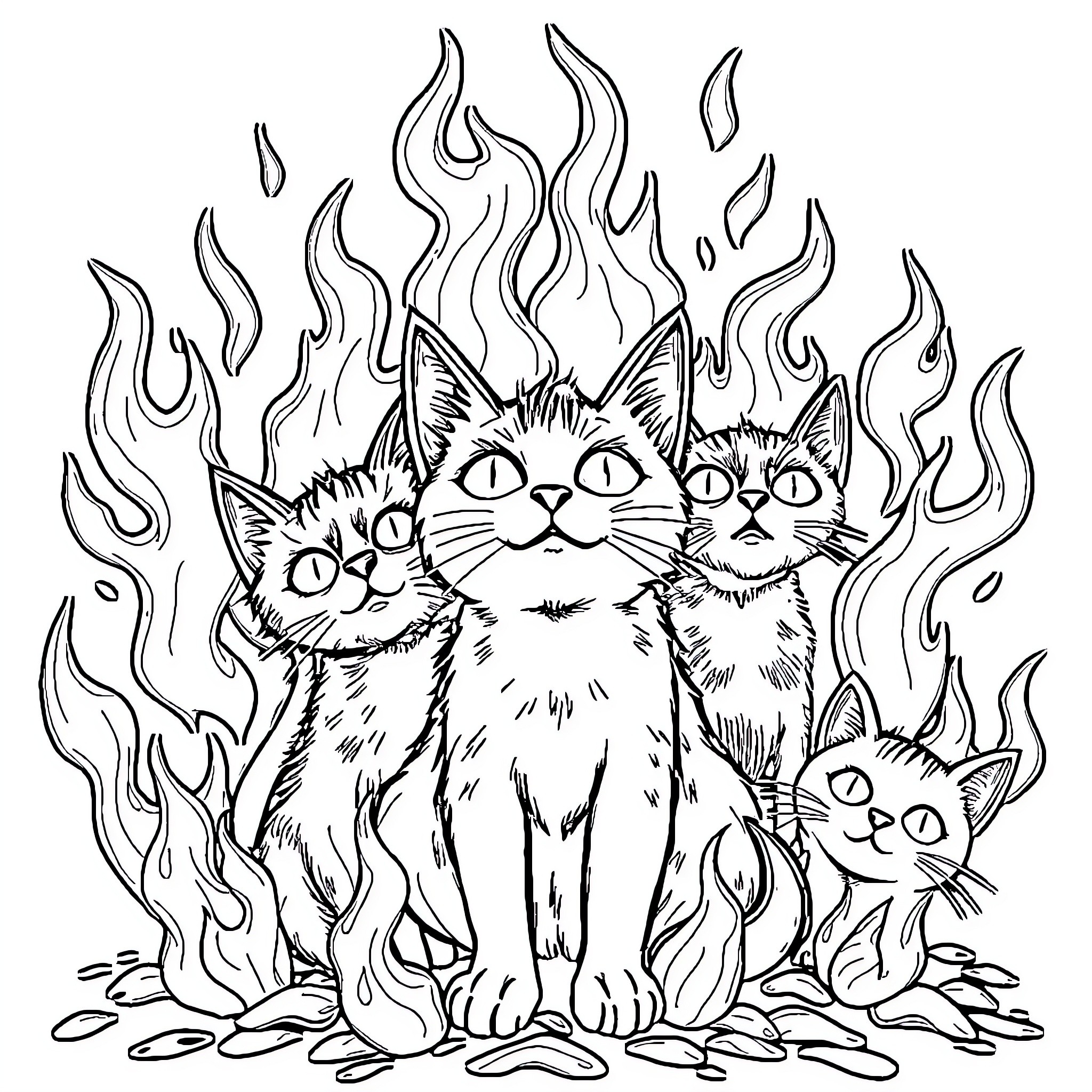 Cat Trio Surrounded by Fiery Flames Coloring Page (free black-and-white line drawing printable PDF for all, from beginners to advanced learners, including children, teens, adults, and seniors)