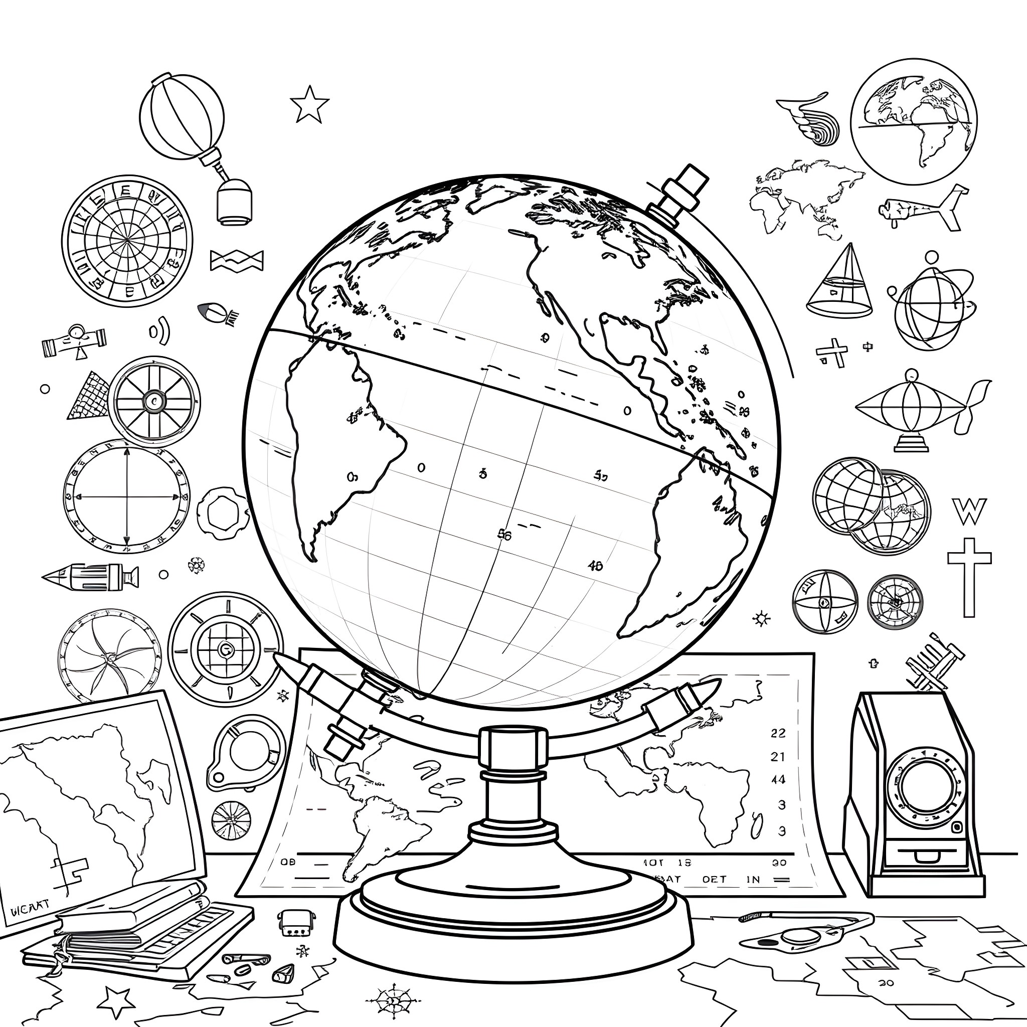 Globe surrounded by travel and navigation icons Coloring Page (free black-and-white line drawing printable PDF for all, from beginners to advanced learners, including children, teens, adults, and seniors)