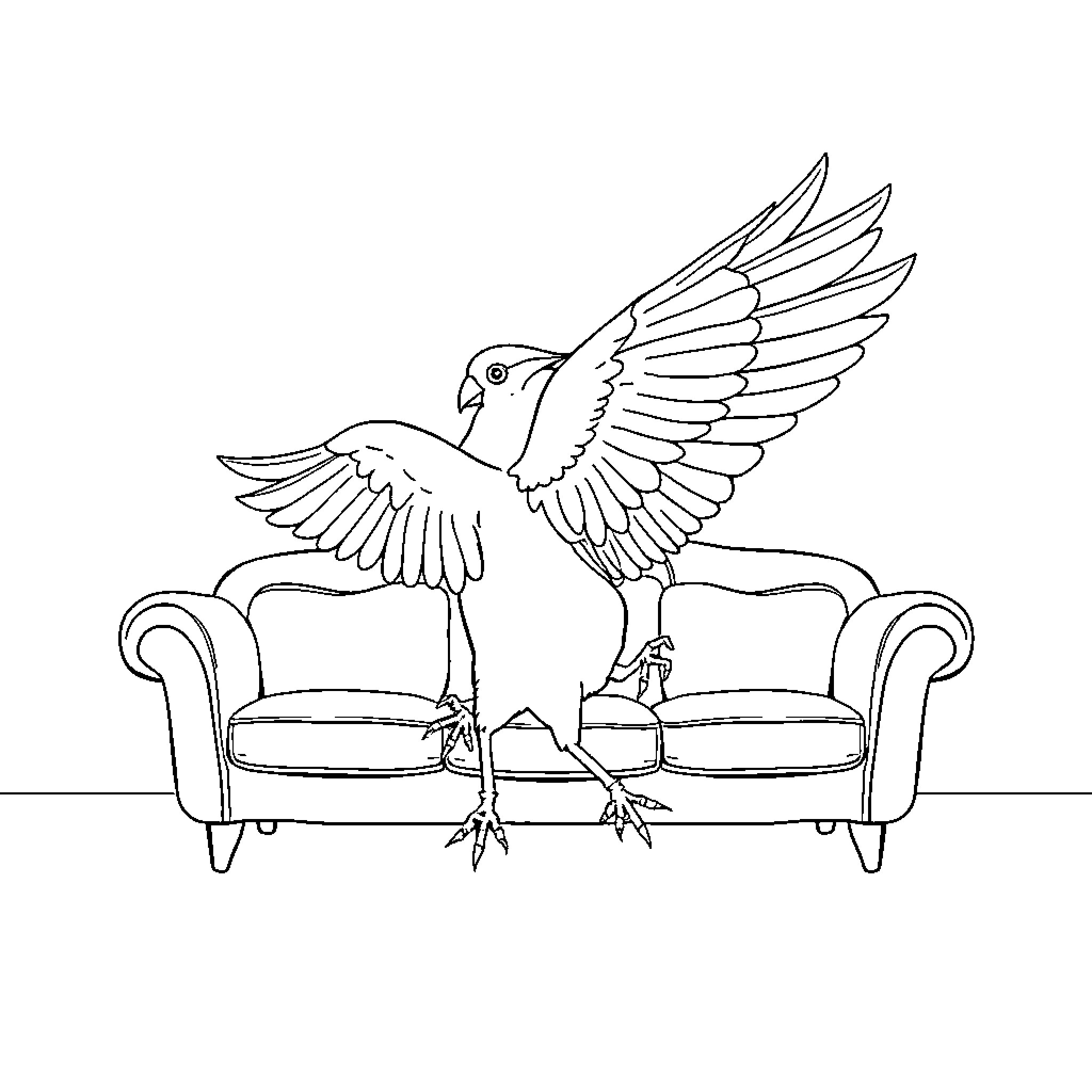 Bird perching confidently on sofa Coloring Page (free black-and-white line drawing printable PDF for all, from beginners to advanced learners, including children, teens, adults, and seniors)
