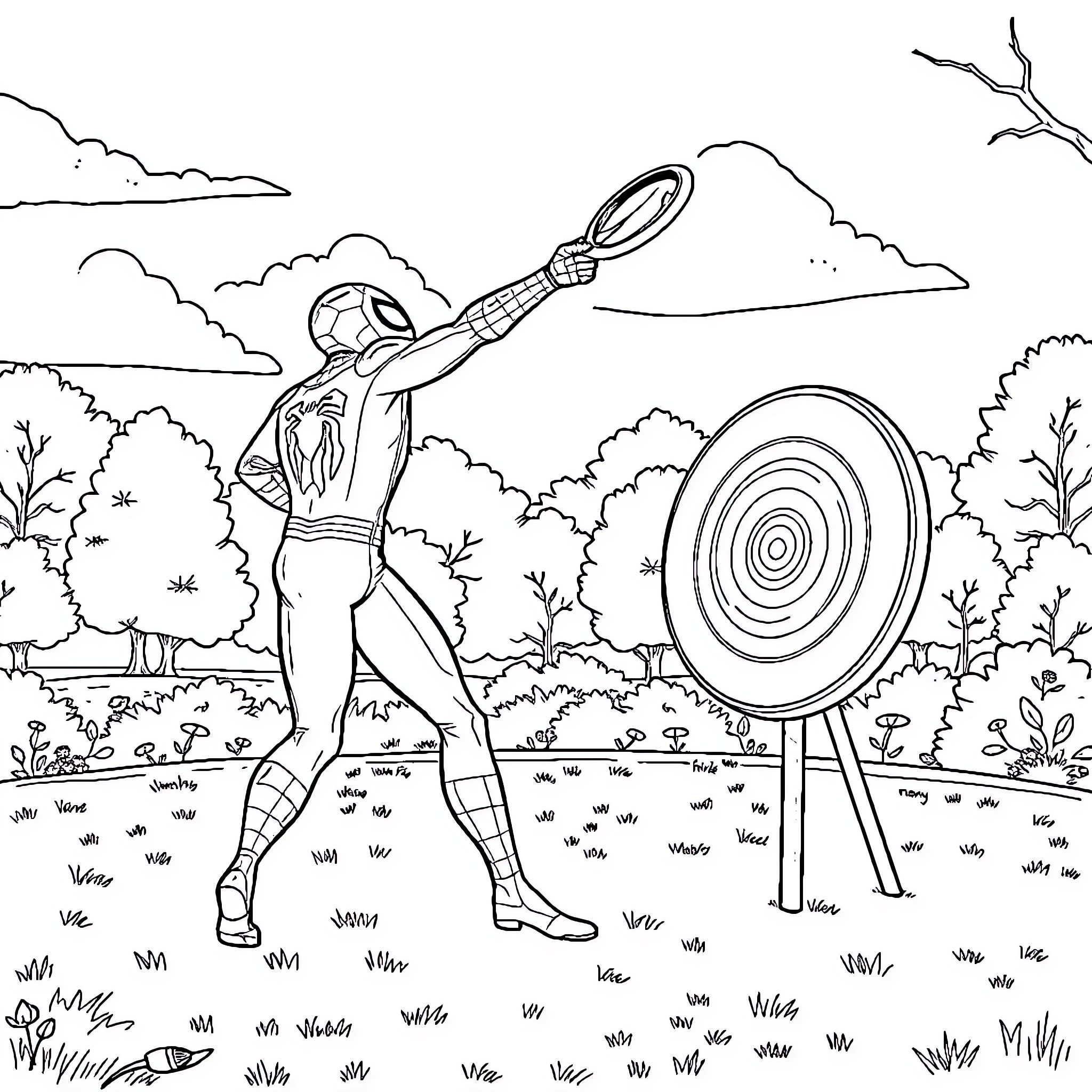 Spiderman swinging and aiming at a target in the woods Coloring Page (free black-and-white line drawing printable PDF for all, from beginners to advanced learners, including children, teens, adults, and seniors)