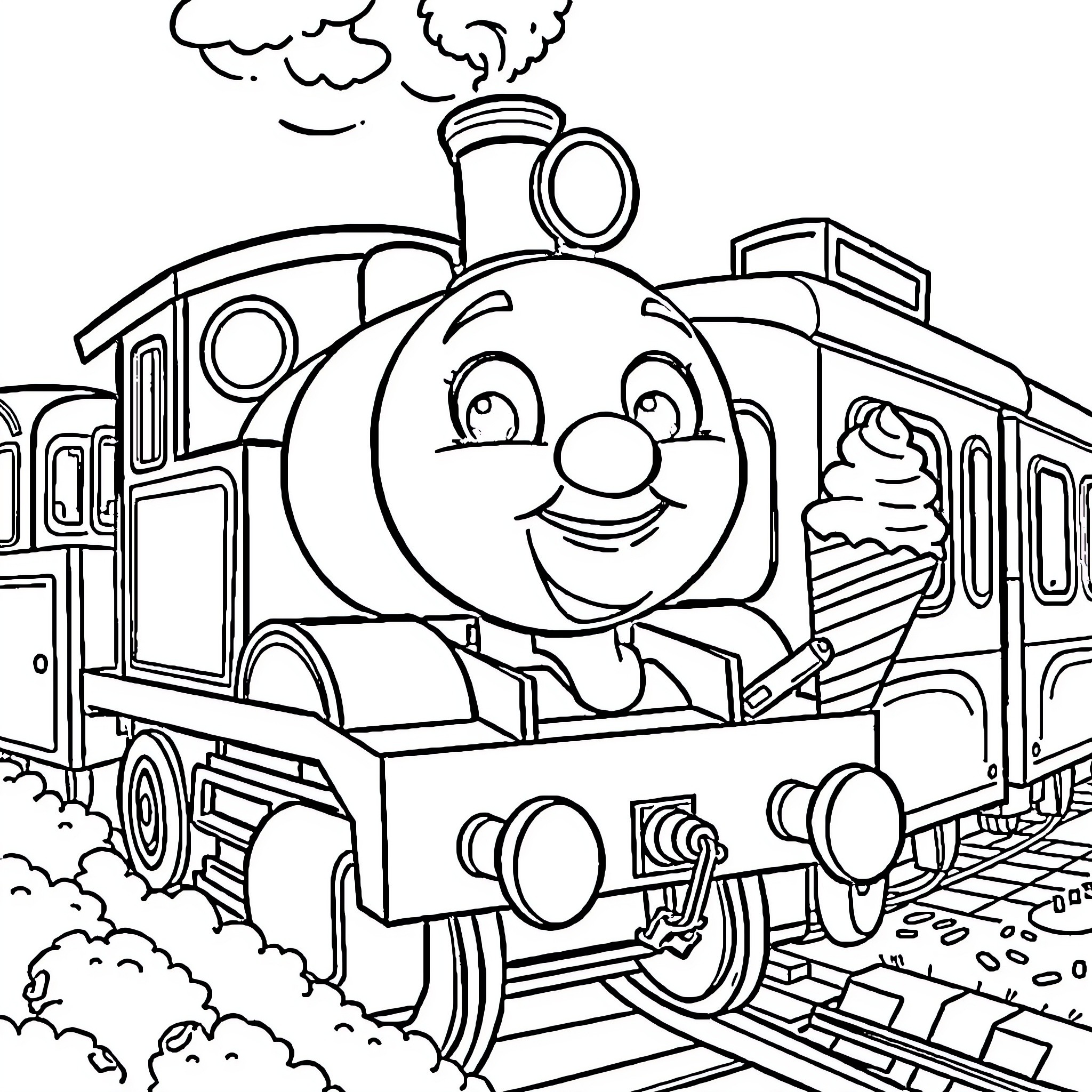 Tron Train Chugs Happily Down the Tracks Coloring Page (free black-and-white line drawing printable PDF for all, from beginners to advanced learners, including children, teens, adults, and seniors)