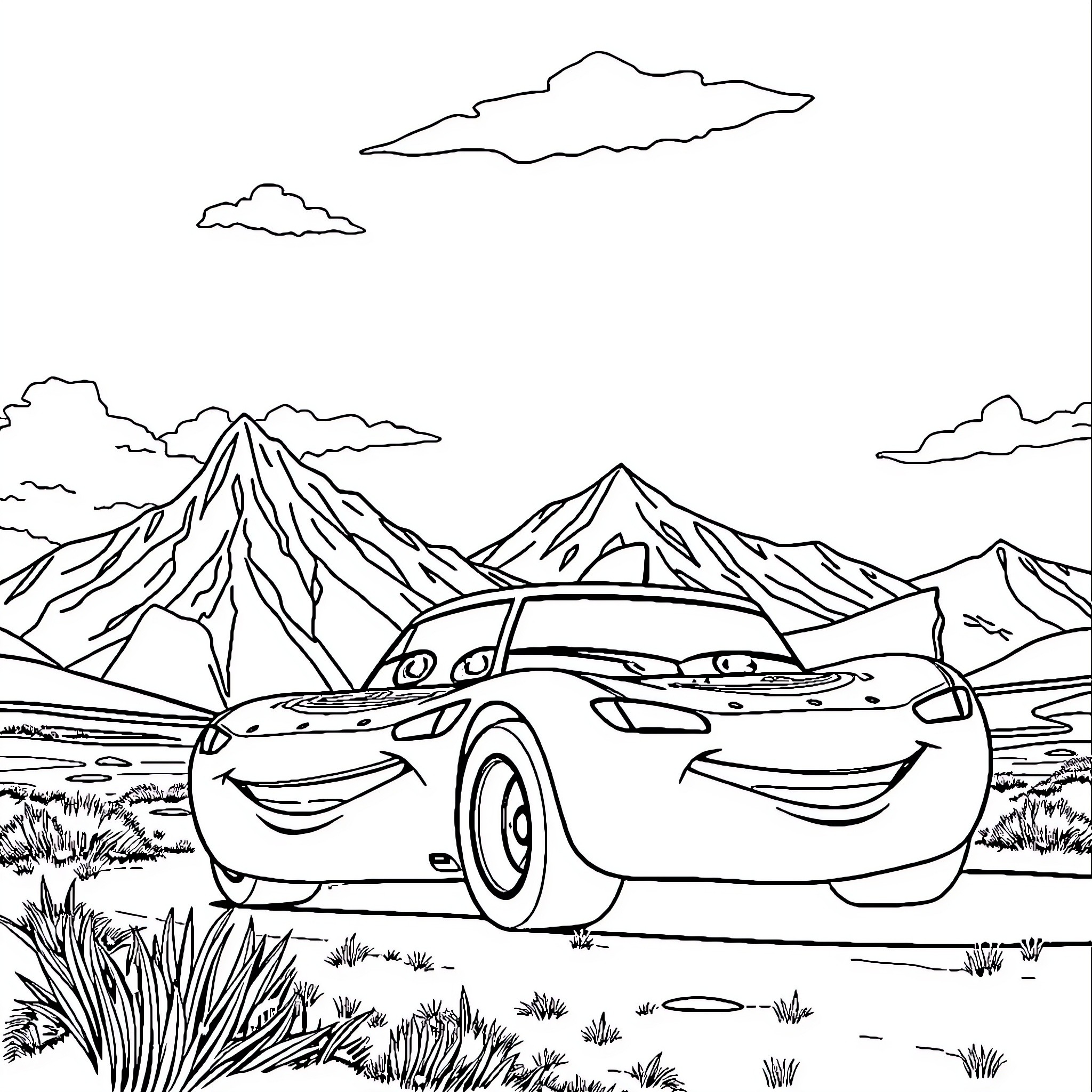 Rayo McQueen in a scenic mountain landscape Coloring Page (free black-and-white line drawing printable PDF for all, from beginners to advanced learners, including children, teens, adults, and seniors)