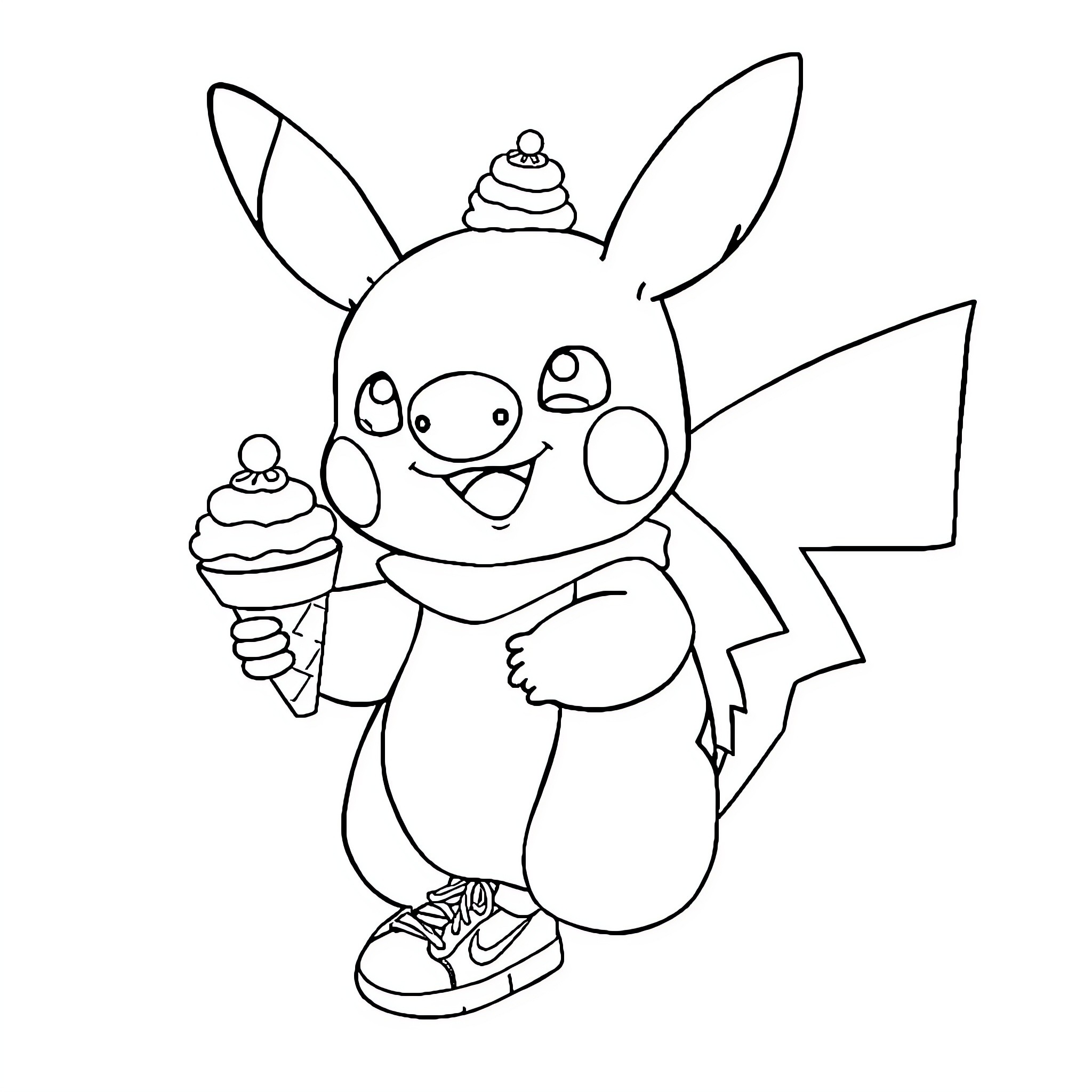 Pikachu enjoying a frozen treat Coloring Page (free black-and-white line drawing printable PDF for all, from beginners to advanced learners, including children, teens, adults, and seniors)
