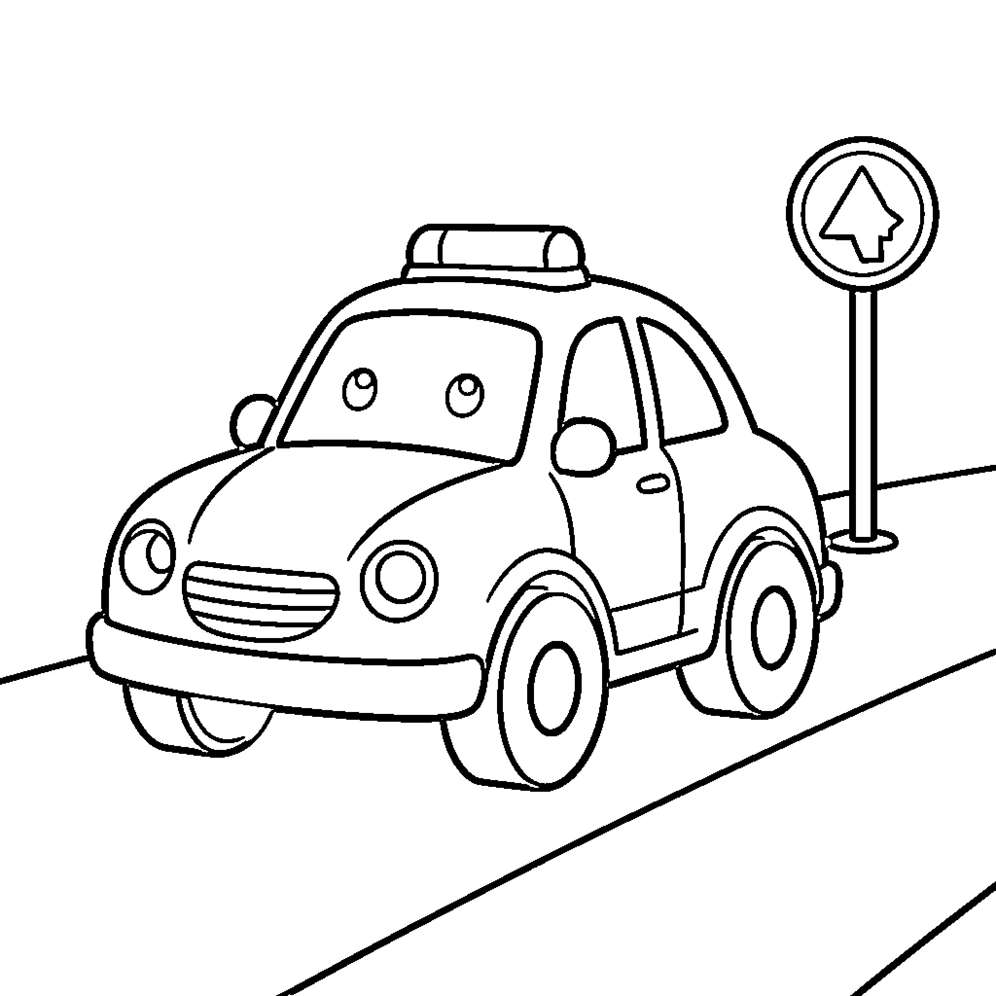 Police Car on patrol in the street Coloring Page (free black-and-white line drawing printable PDF for all, from beginners to advanced learners, including children, teens, adults, and seniors)