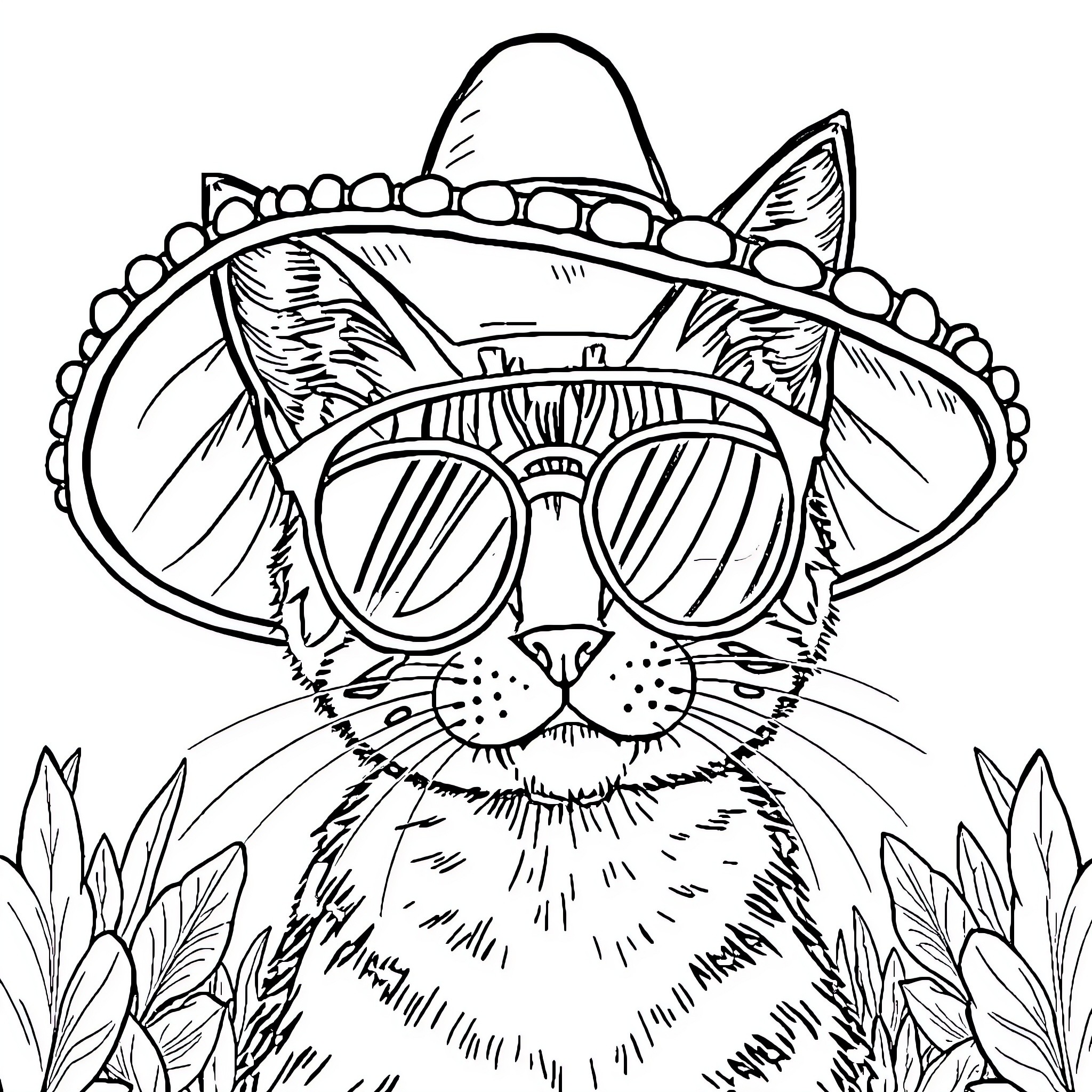 Cat wearing a sombrero and sunglasses in a nature scene Coloring Page (free black-and-white line drawing printable PDF for all, from beginners to advanced learners, including children, teens, adults, and seniors)