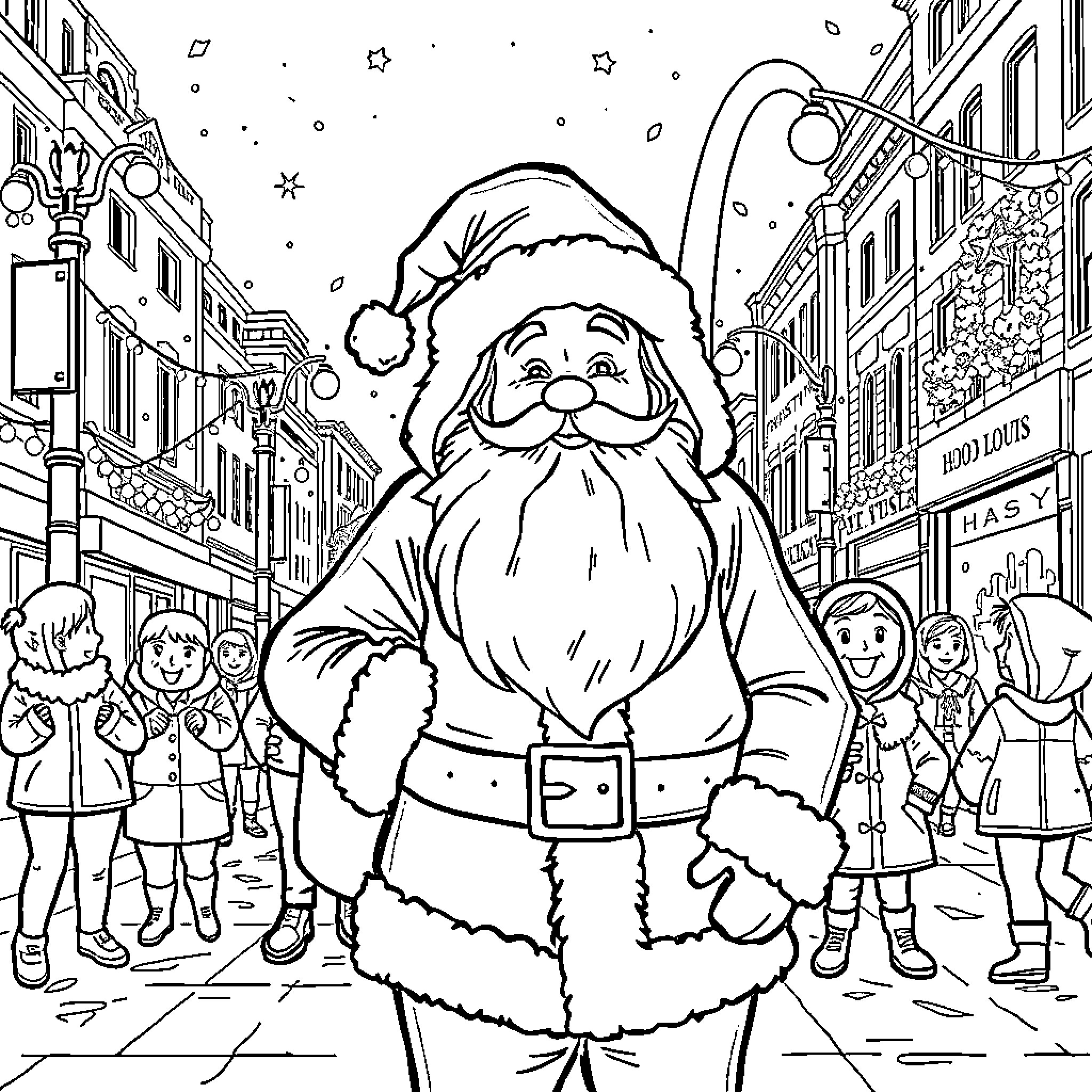 Santa Claus walking through a snowy town at night Coloring Page (free black-and-white line drawing printable PDF for all, from beginners to advanced learners, including children, teens, adults, and seniors)