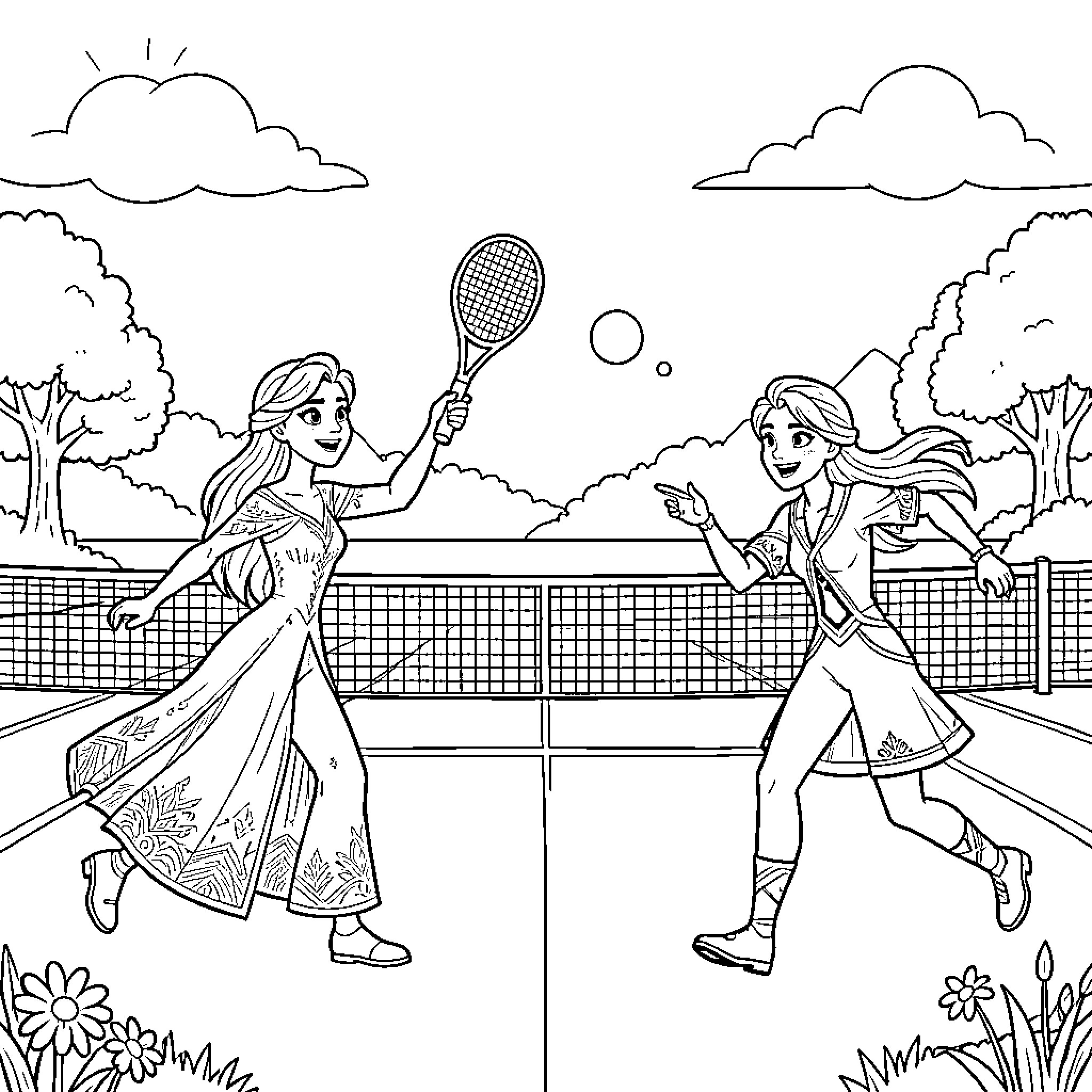 Frozen characters playing an energetic game of tennis Coloring Page (free black-and-white line drawing printable PDF for all, from beginners to advanced learners, including children, teens, adults, and seniors)