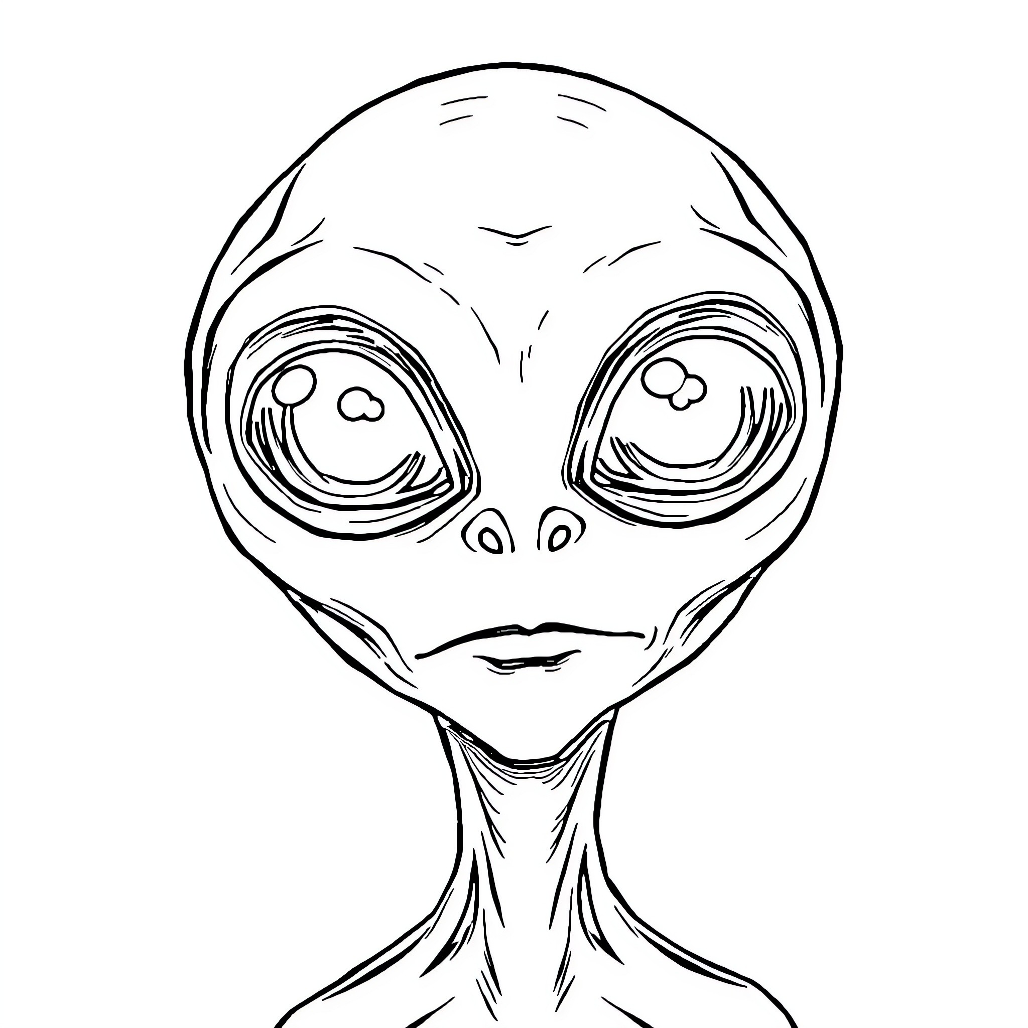 Alien with Curious Expression Coloring Page (free black-and-white line drawing printable PDF for all, from beginners to advanced learners, including children, teens, adults, and seniors)