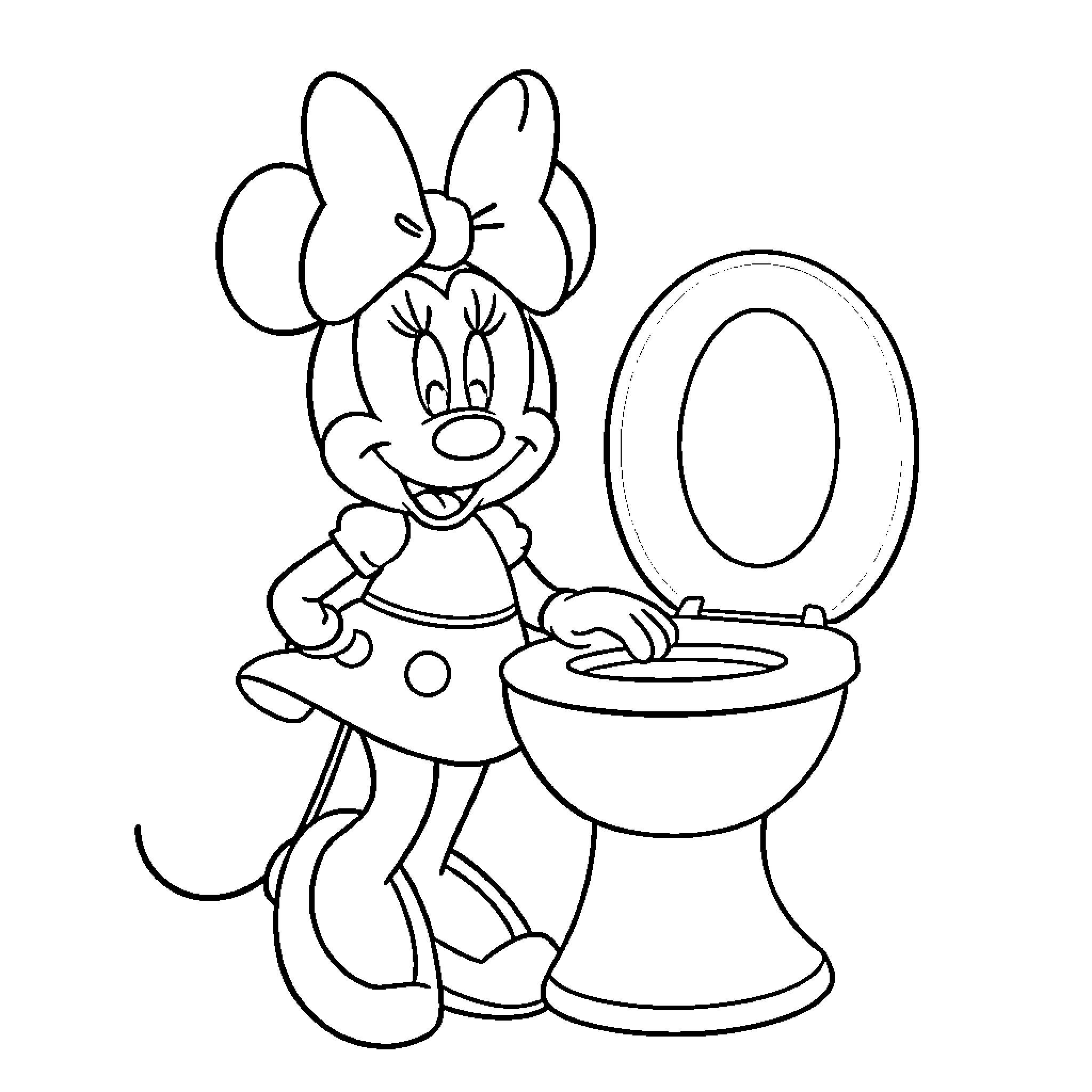 Minnie Mouse using the toilet with a surprised expression Coloring Page (free black-and-white line drawing printable PDF for all, from beginners to advanced learners, including children, teens, adults, and seniors)