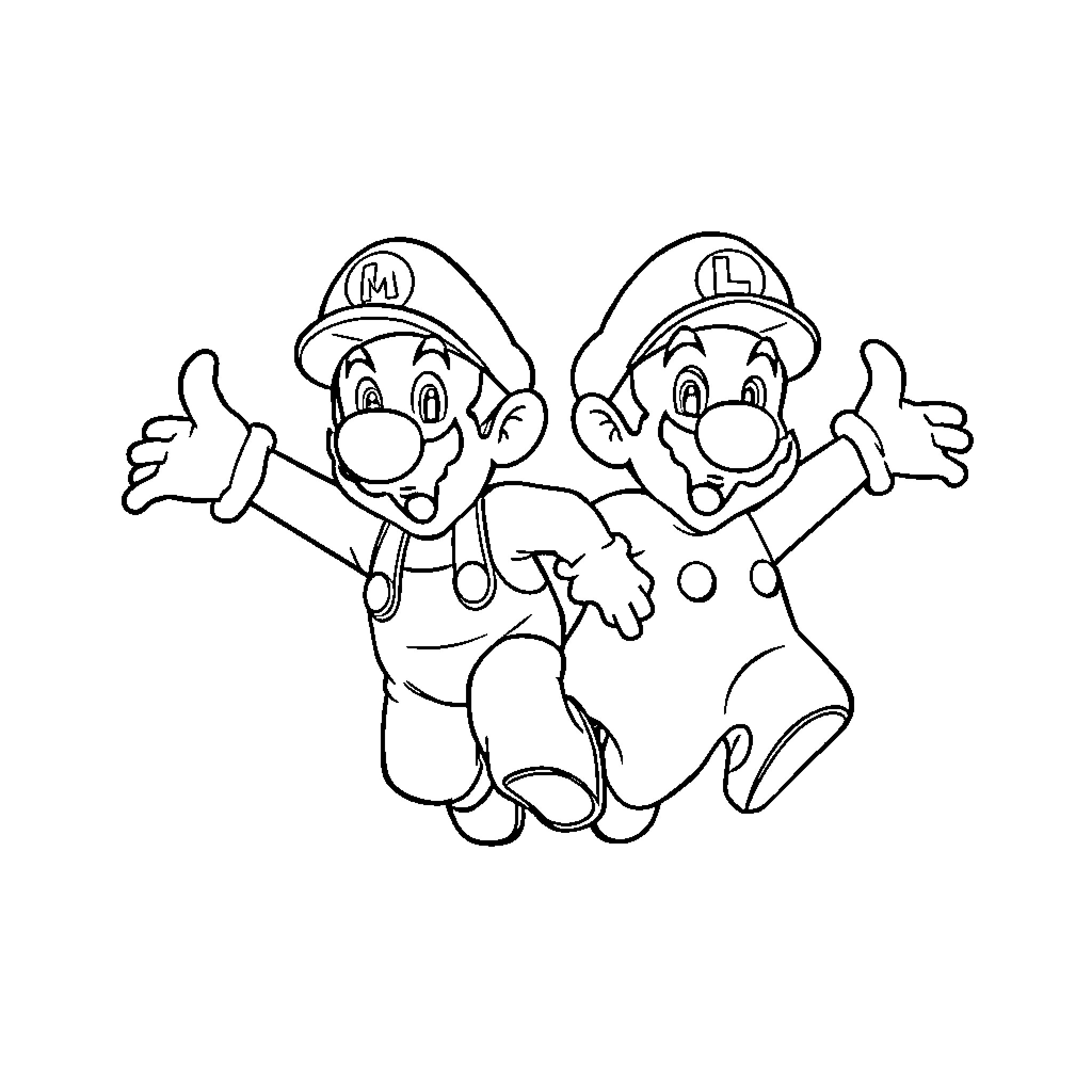 Mario and Luigi characters in action poses Coloring Page (free black-and-white line drawing printable PDF for all, from beginners to advanced learners, including children, teens, adults, and seniors)