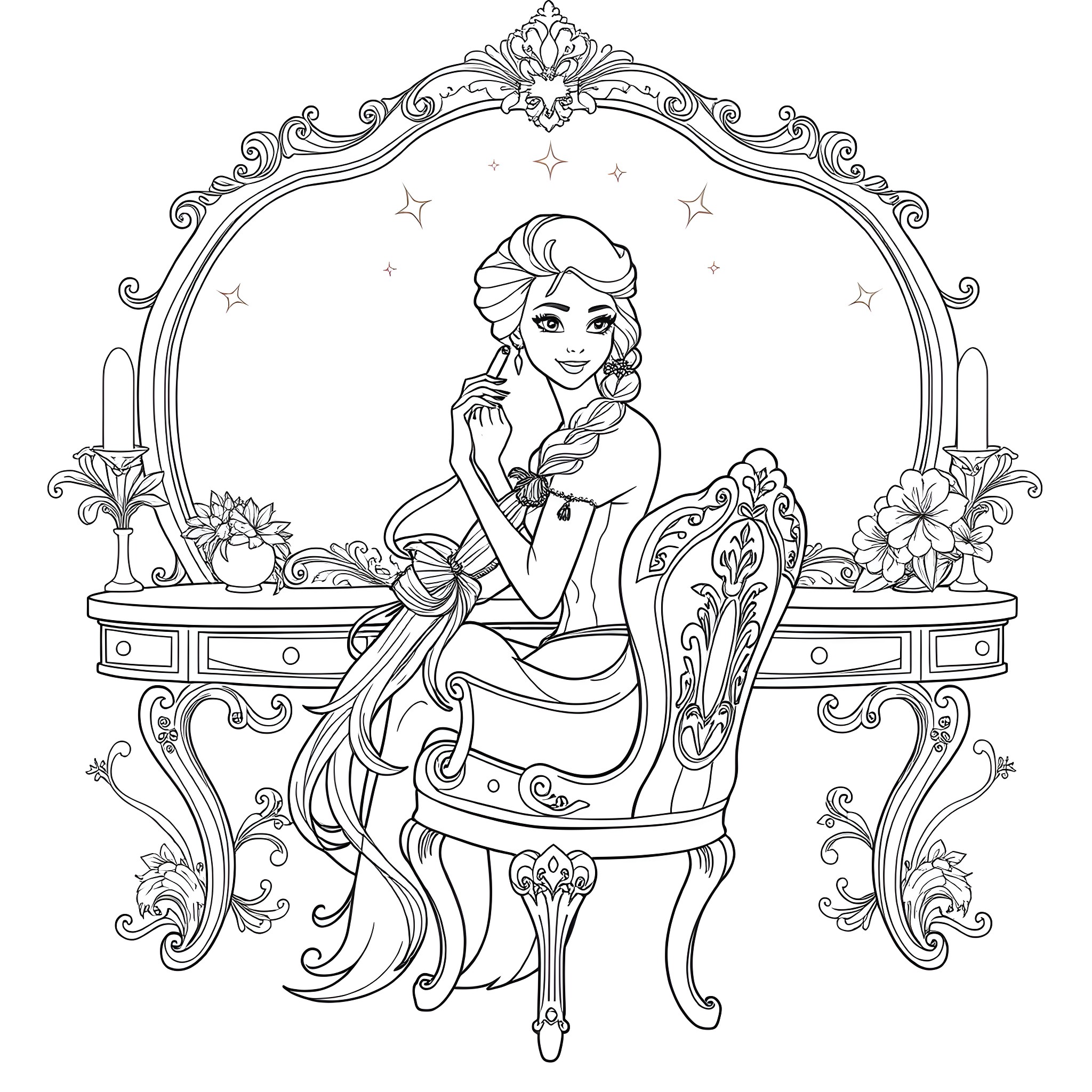 Elsa relaxing in front of a lavish vanity Coloring Page (free black-and-white line drawing printable PDF for all, from beginners to advanced learners, including children, teens, adults, and seniors)