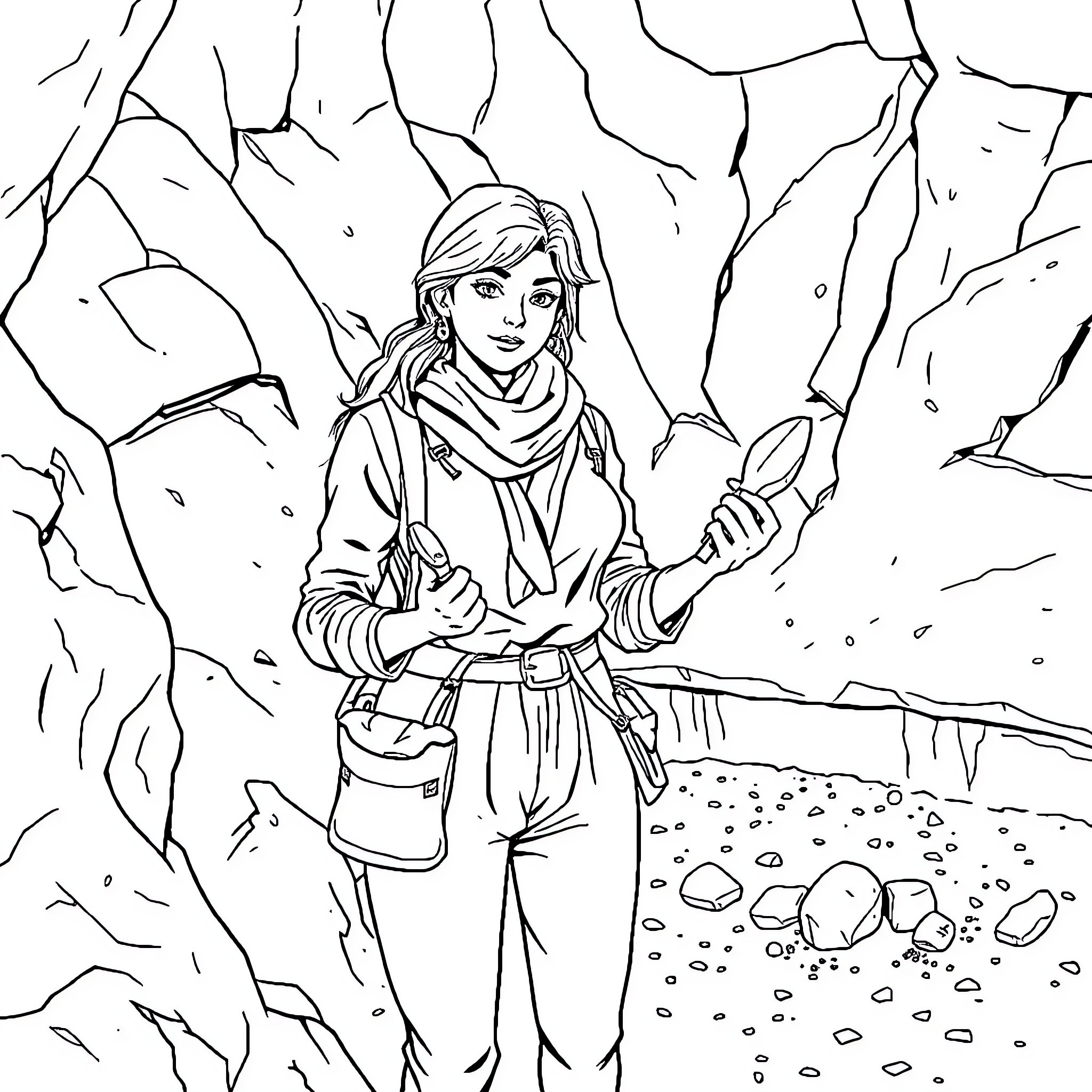 Archaeologist explores ancient ruins with determination Coloring Page (free black-and-white line drawing printable PDF for all, from beginners to advanced learners, including children, teens, adults, and seniors)