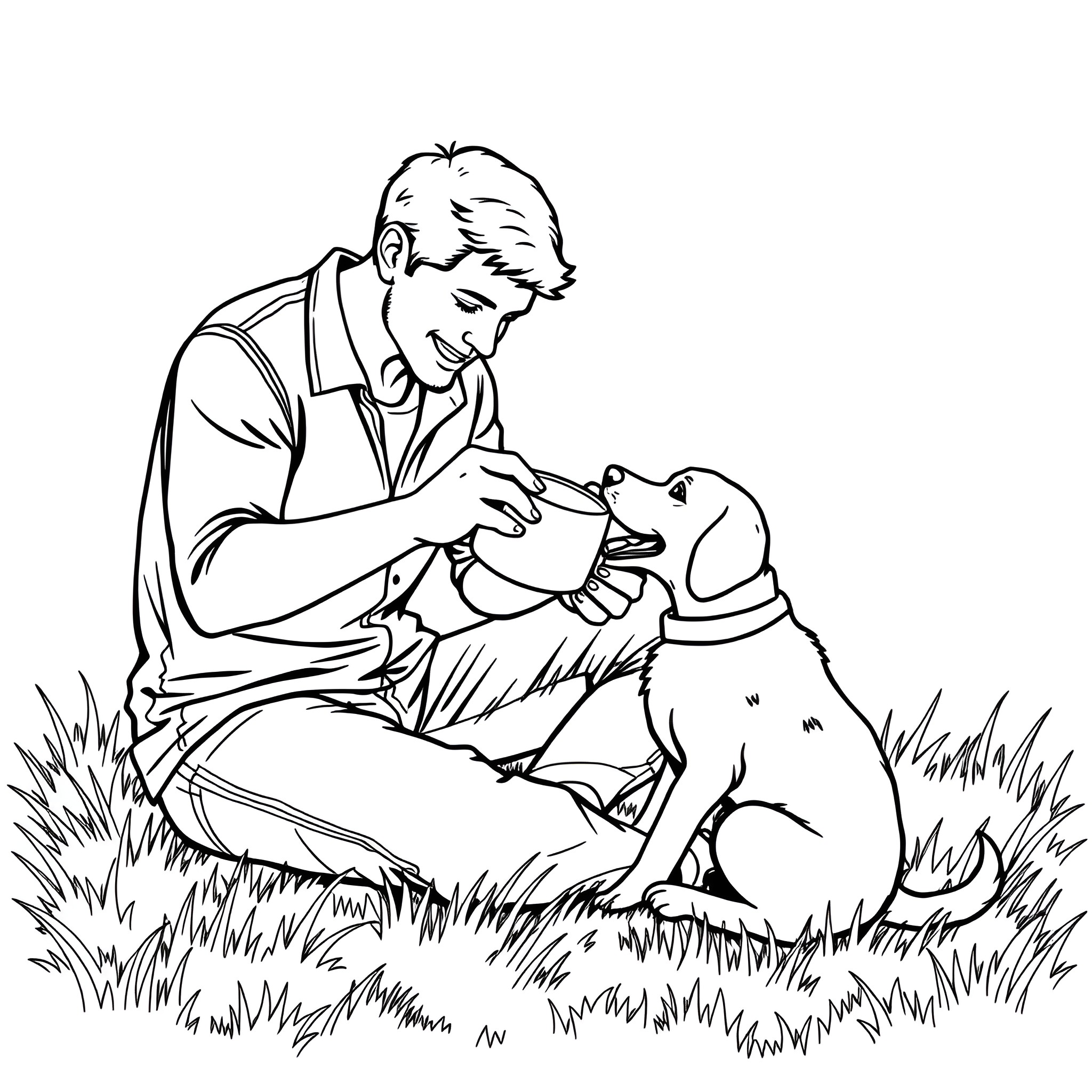 Man playing with his dog in the park Coloring Page (free black-and-white line drawing printable PDF for all, from beginners to advanced learners, including children, teens, adults, and seniors)