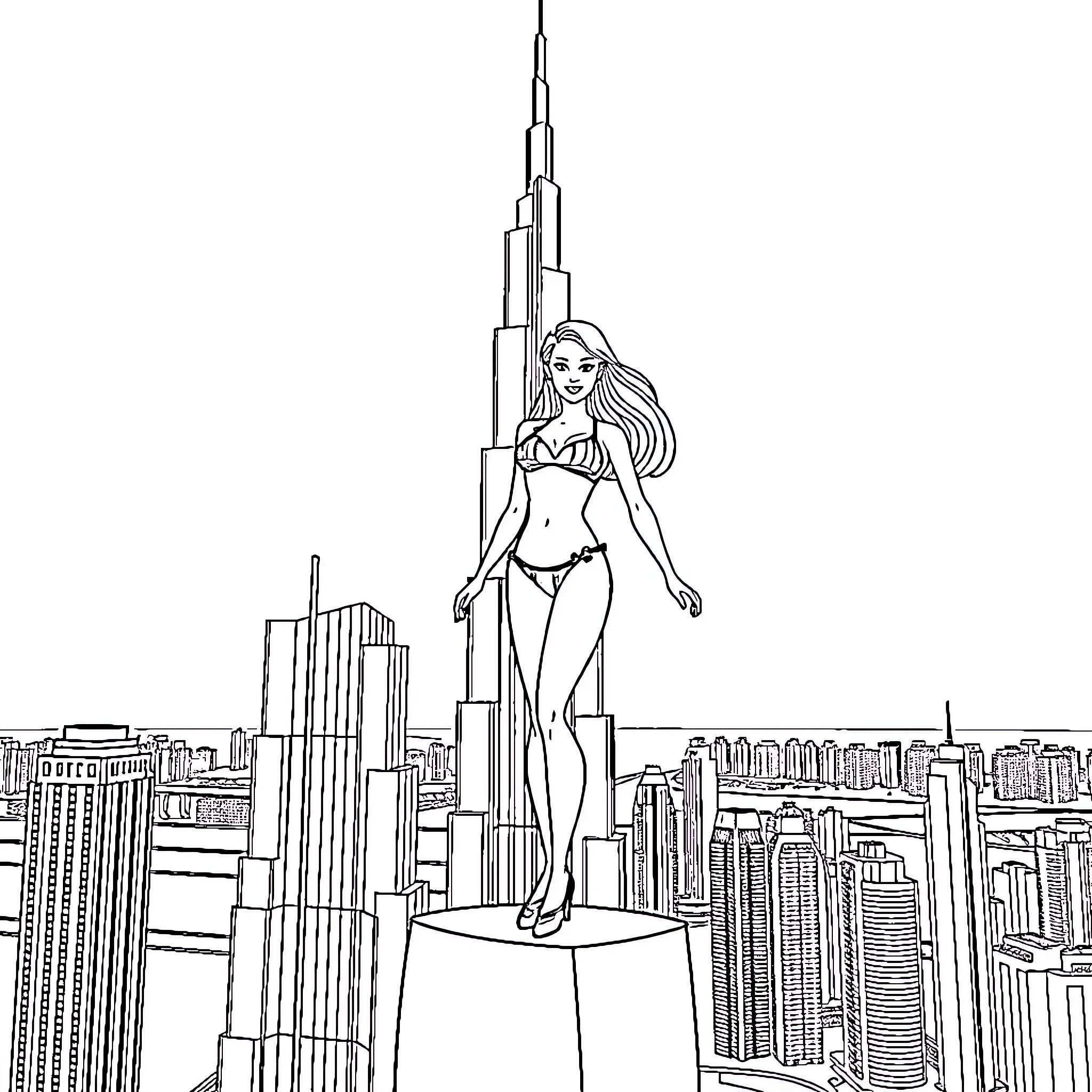 Barbie exploring the city skyline Coloring Page (free black-and-white line drawing printable PDF for all, from beginners to advanced learners, including children, teens, adults, and seniors)