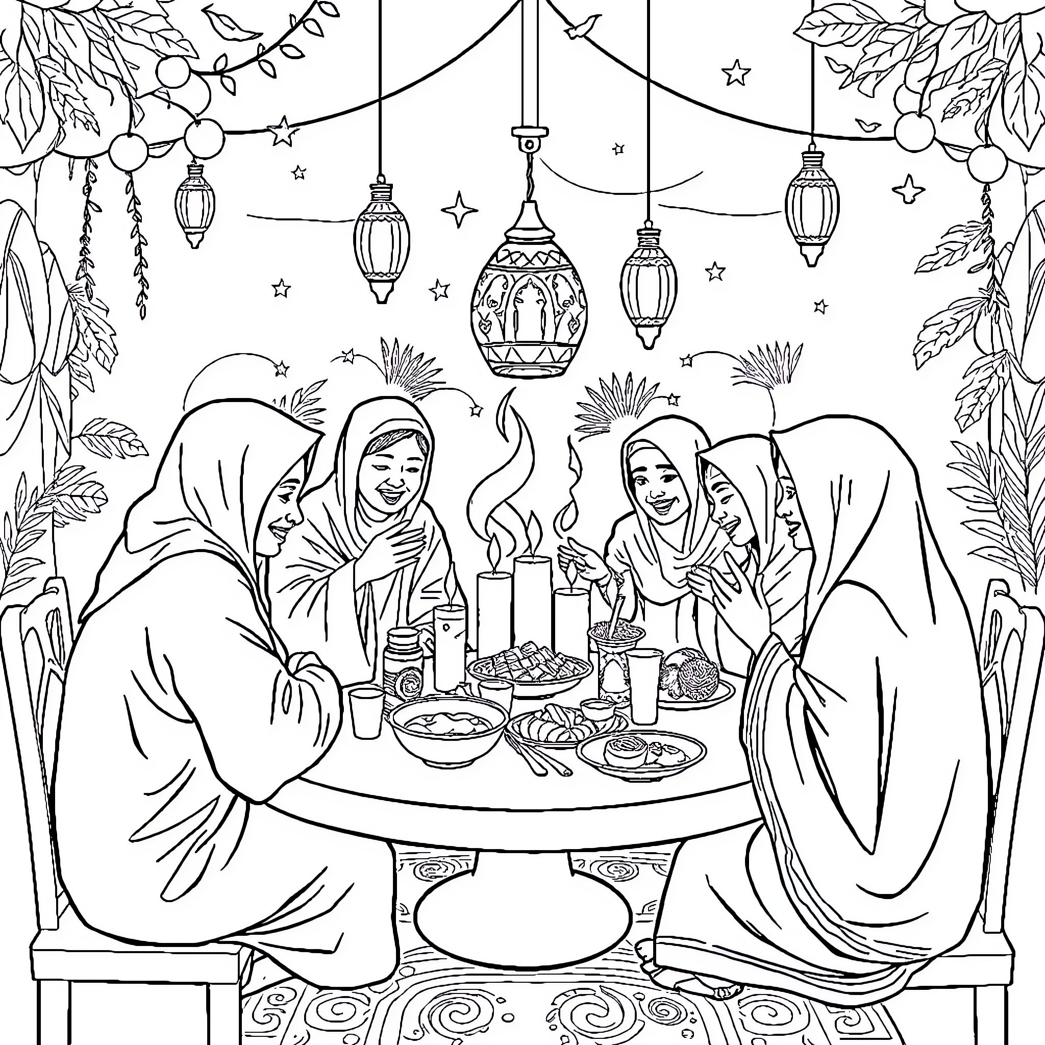Tung Families Gathered for a Festive Feast Coloring Page (free black-and-white line drawing printable PDF for all, from beginners to advanced learners, including children, teens, adults, and seniors)