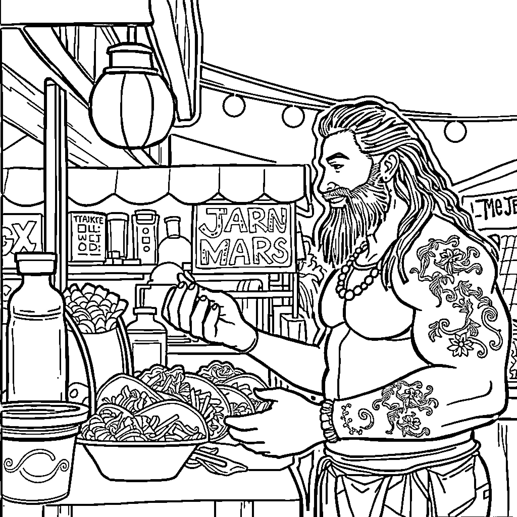 Jason Momoa as a Tattooed Vendor at a Market Stall Coloring Page (free black-and-white line drawing printable PDF for all, from beginners to advanced learners, including children, teens, adults, and seniors)
