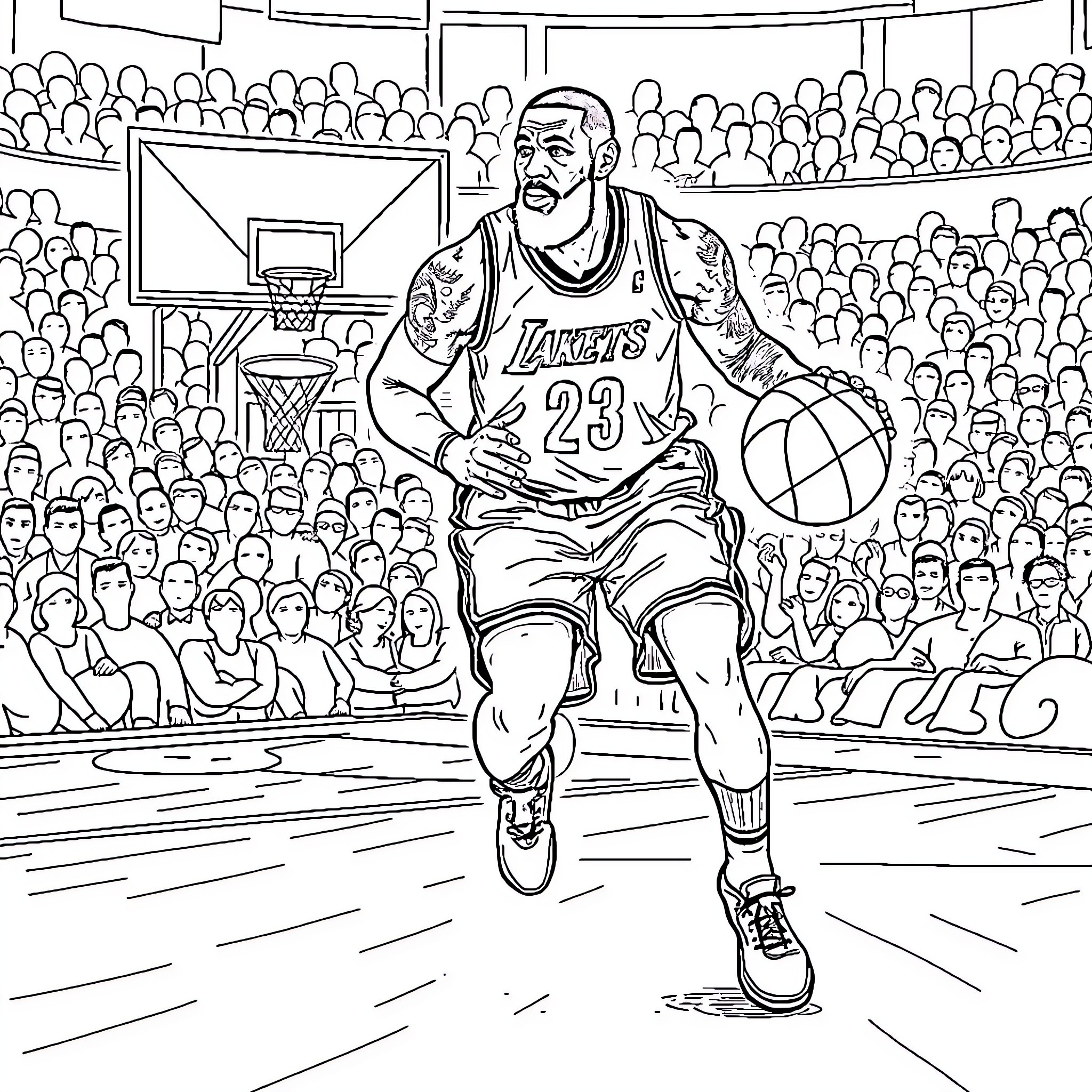 LeBron James in action on the basketball court Coloring Page (free black-and-white line drawing printable PDF for all, from beginners to advanced learners, including children, teens, adults, and seniors)