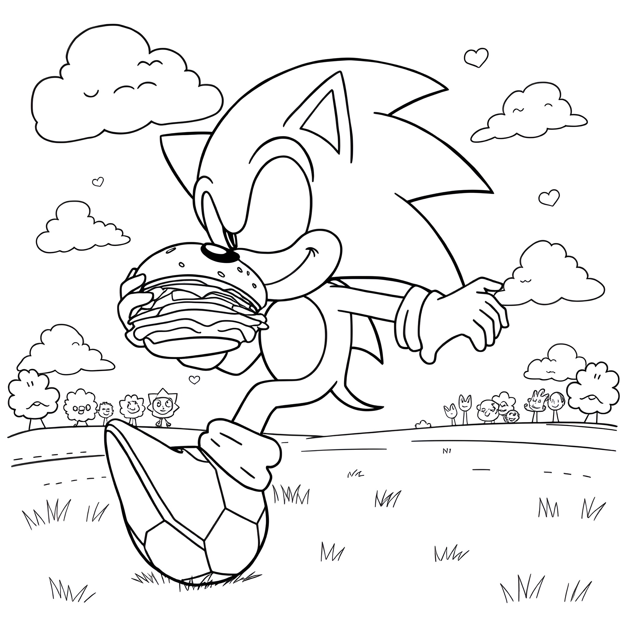 Sonic holding a cheeseburger in a scenic outdoor setting Coloring Page (free black-and-white line drawing printable PDF for all, from beginners to advanced learners, including children, teens, adults, and seniors)
