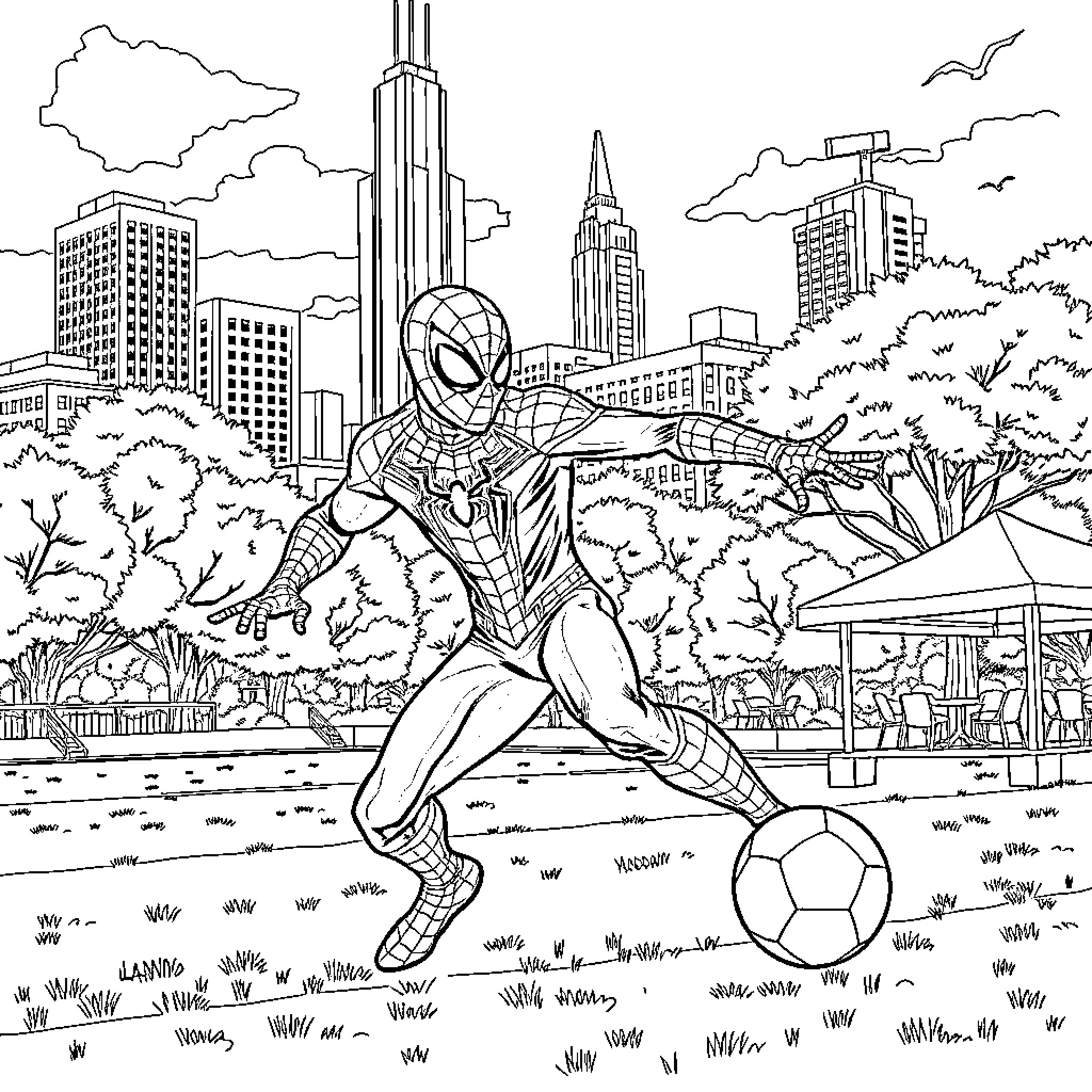 Spider-Man leaping with a soccer ball in the city Coloring Page (free black-and-white line drawing printable PDF for all, from beginners to advanced learners, including children, teens, adults, and seniors)